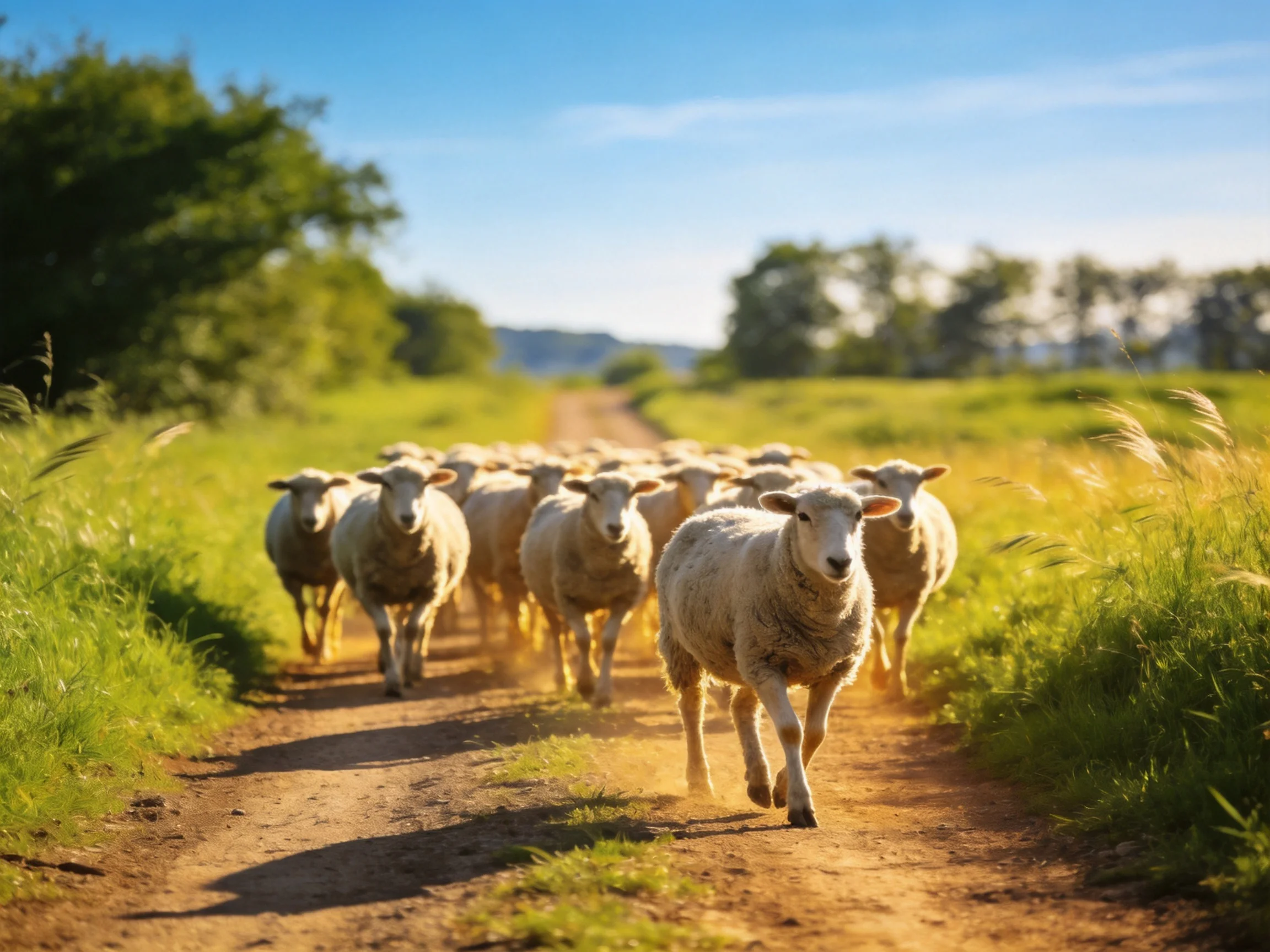 A flock of white sheep running along a sunlit dirt path