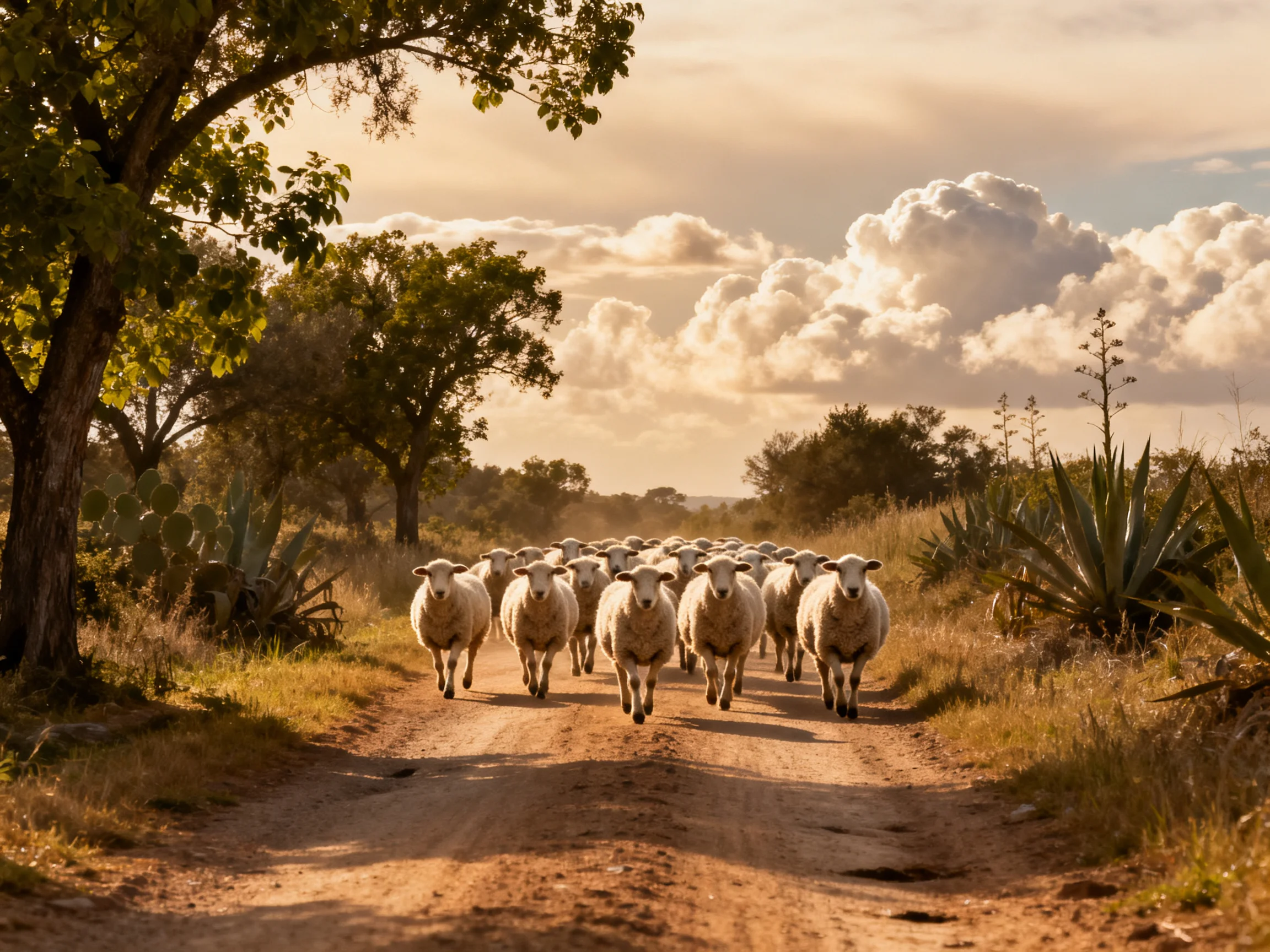 A flock of white sheep running down a dusty country road