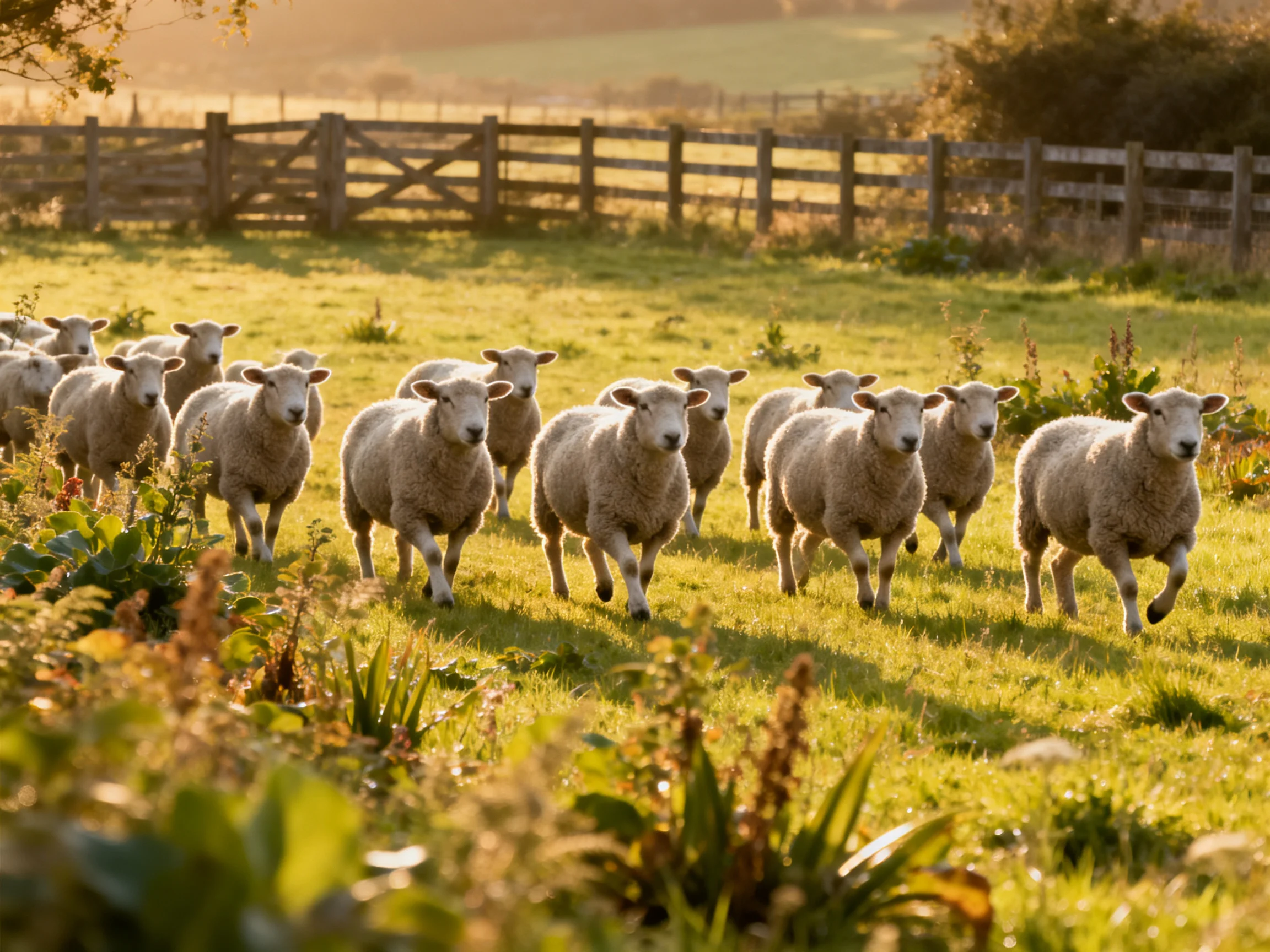 A flock of white sheep running through a sunlit green pasture