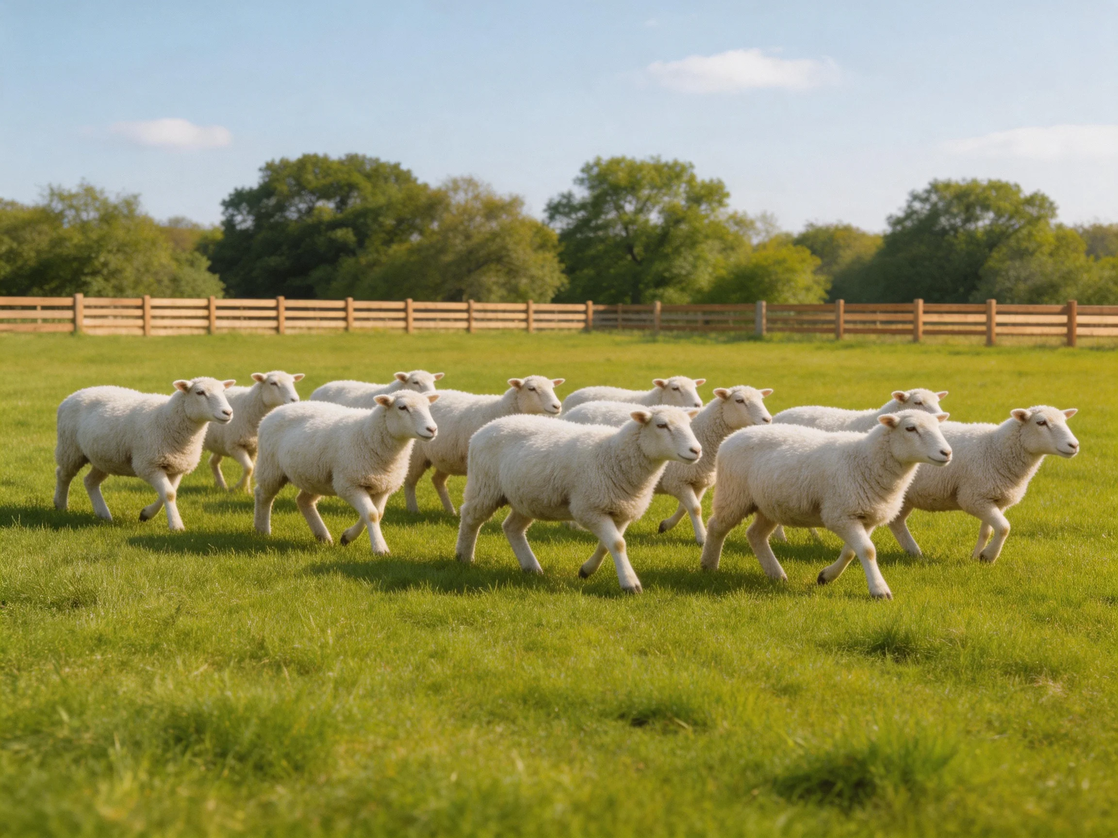 A flock of white sheep runningthrough a lush green pasture