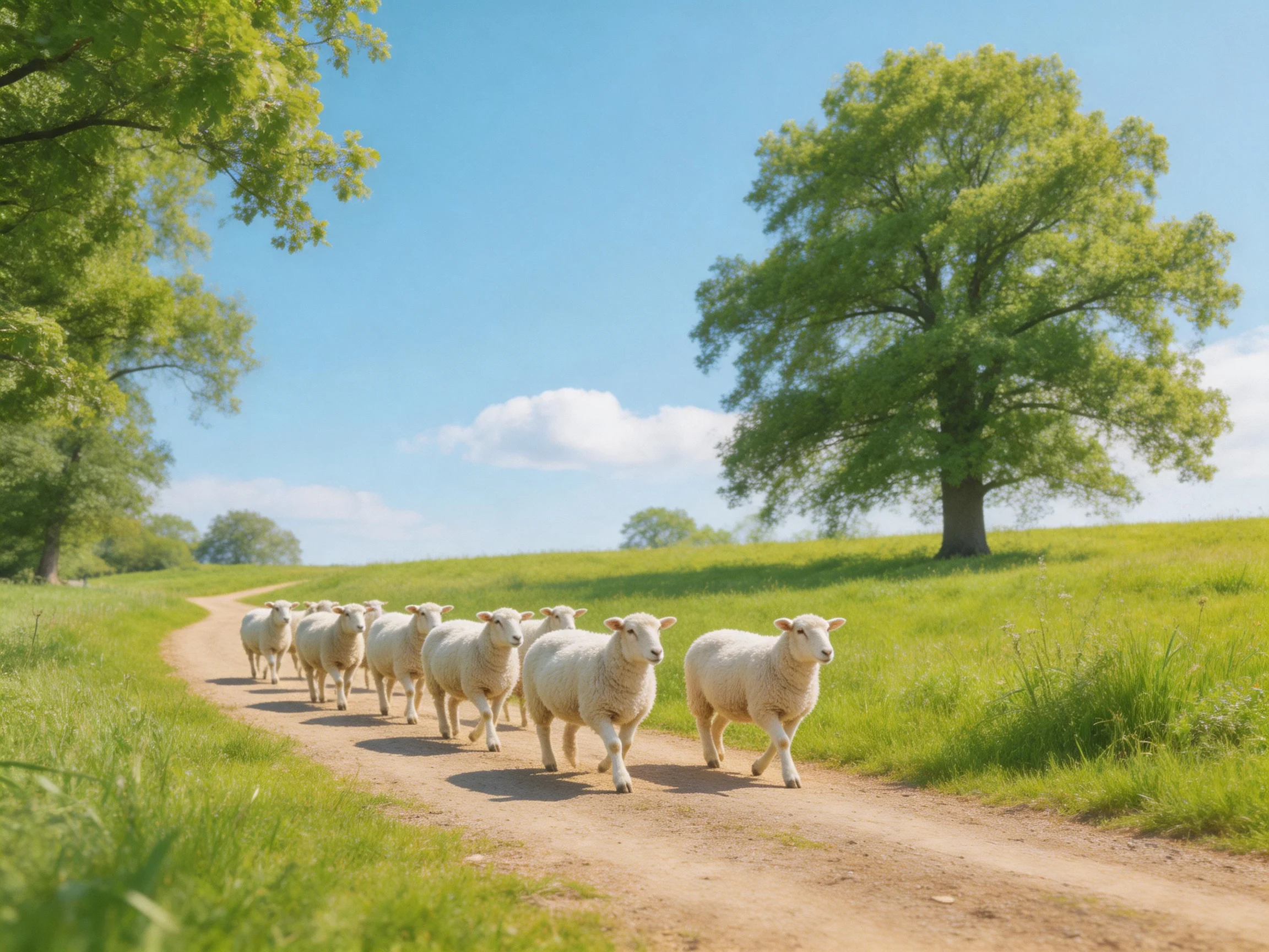 A flock of white sheep walking along a dirt path near large green trees