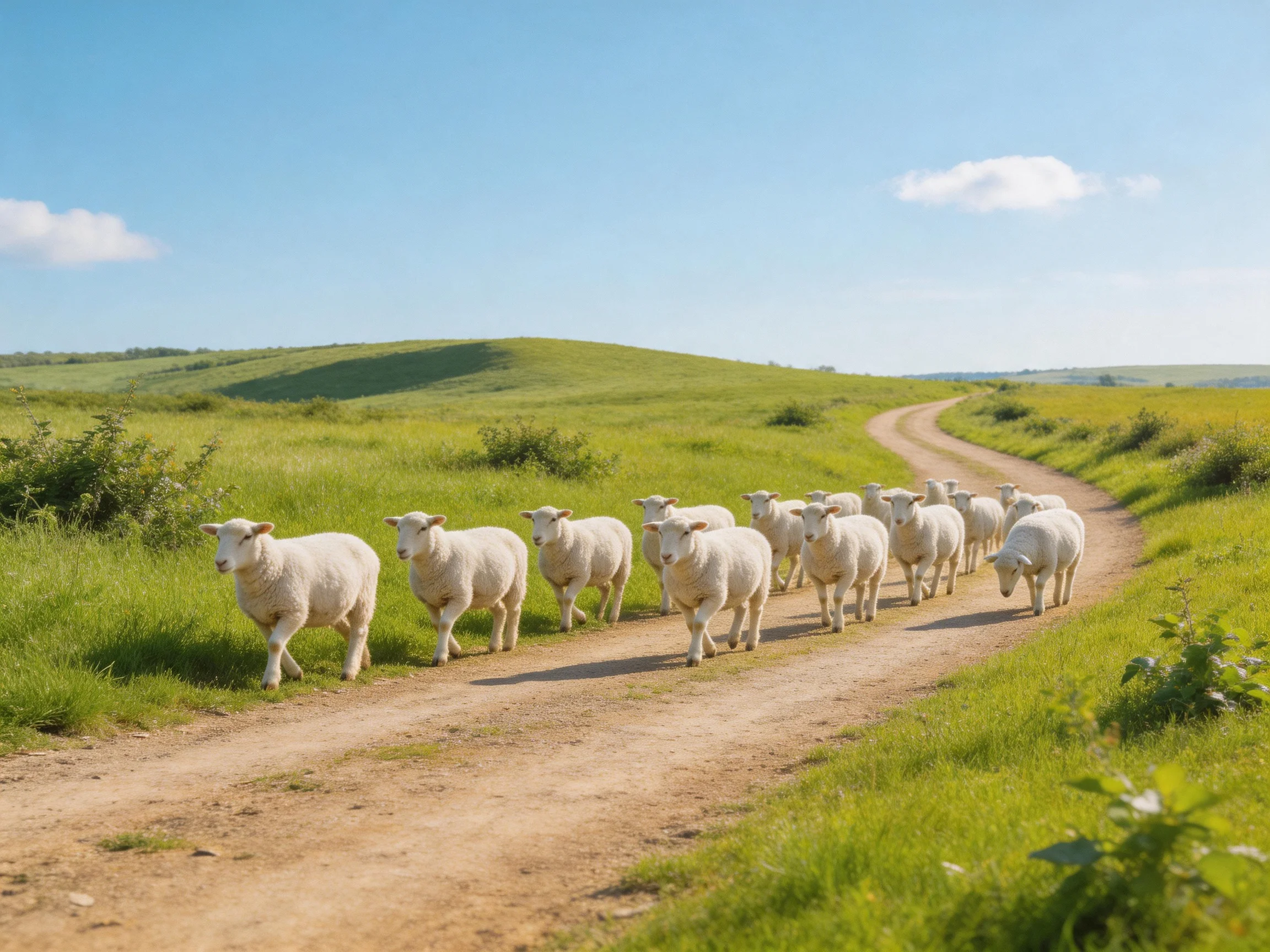 A flock of white sheep walks along a winding dirt path