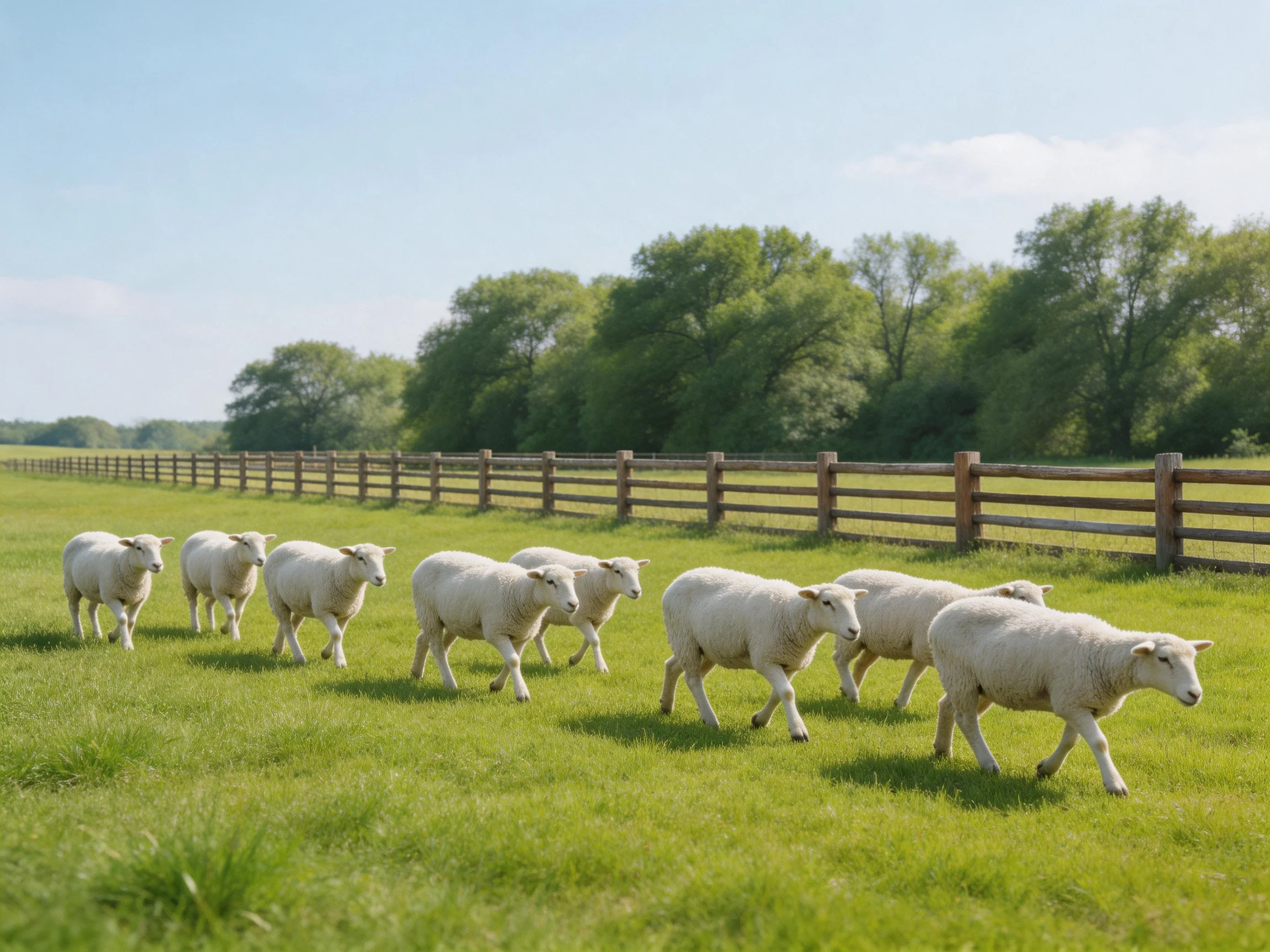 A flock of white sheep walks through a green pasture by a wooden fence