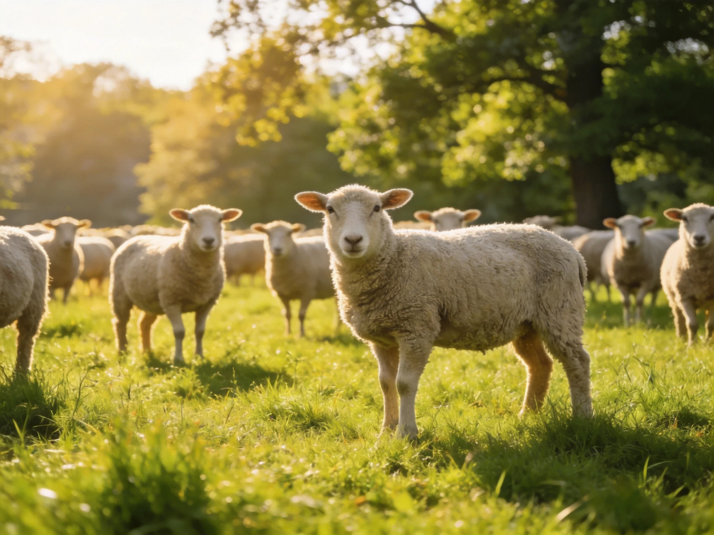 A flock of woolly lambs grazing in a sun-drenched meadow
