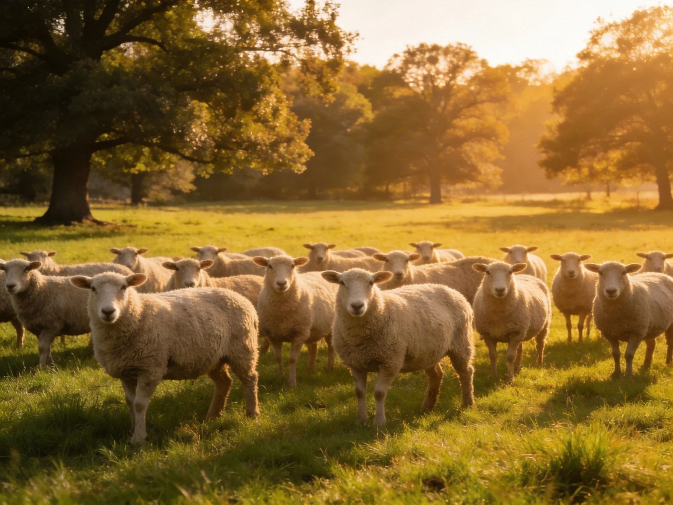 A flock of woolly sheep gathered in a sunlit green pasture