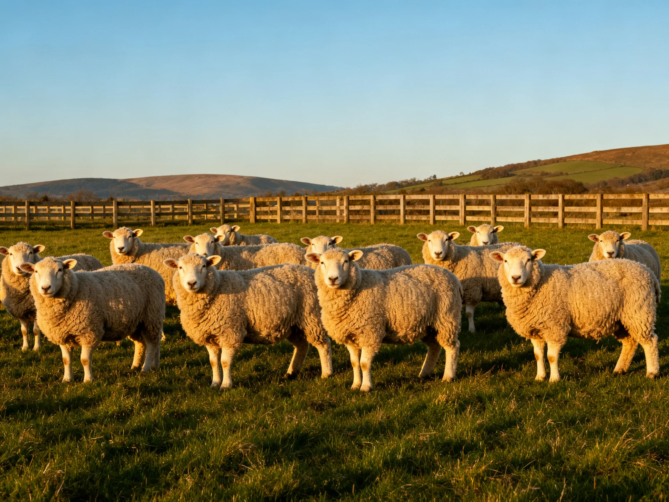 A flock of woolly sheep gathered in a sunlit pasture near wooden fences
