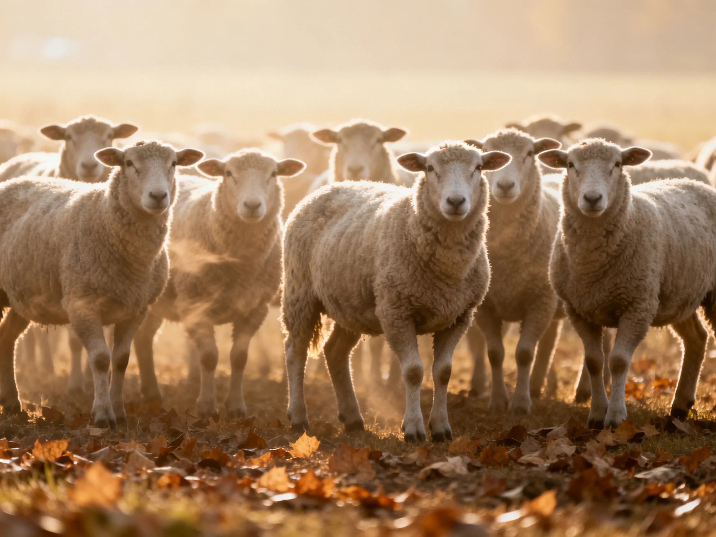 A flock of woolly sheep gathered in an autumnal field with golden light