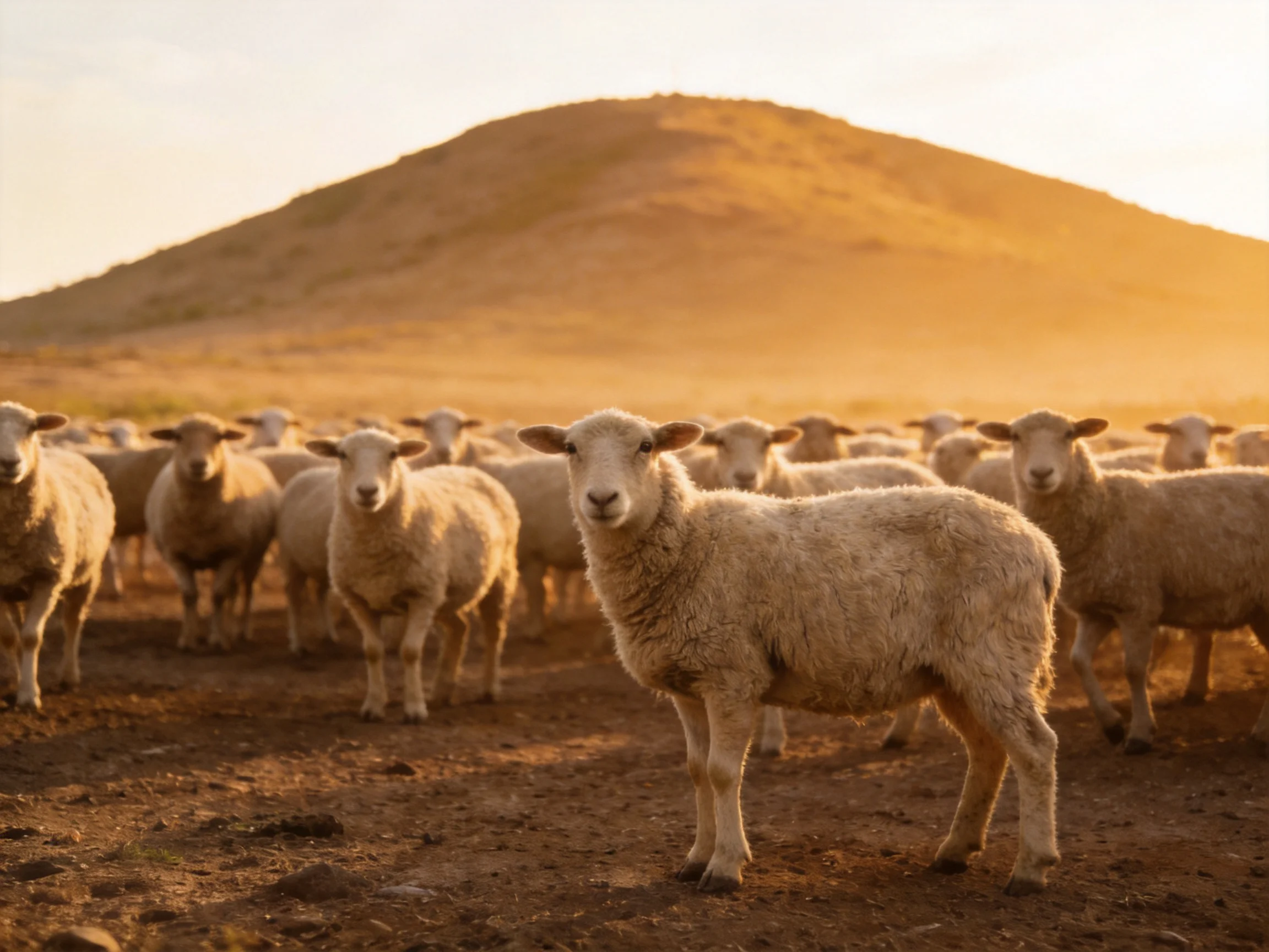 A flock of woolly sheep gathered near a golden hillside