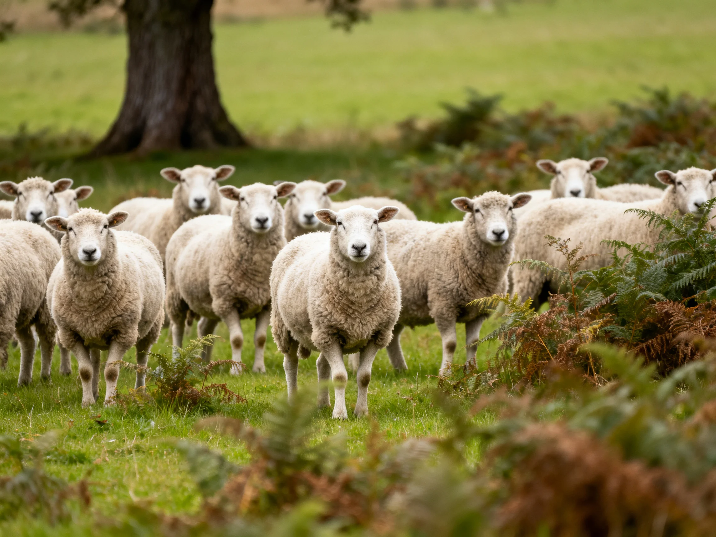 A flock of woolly sheep gathered near a large tree