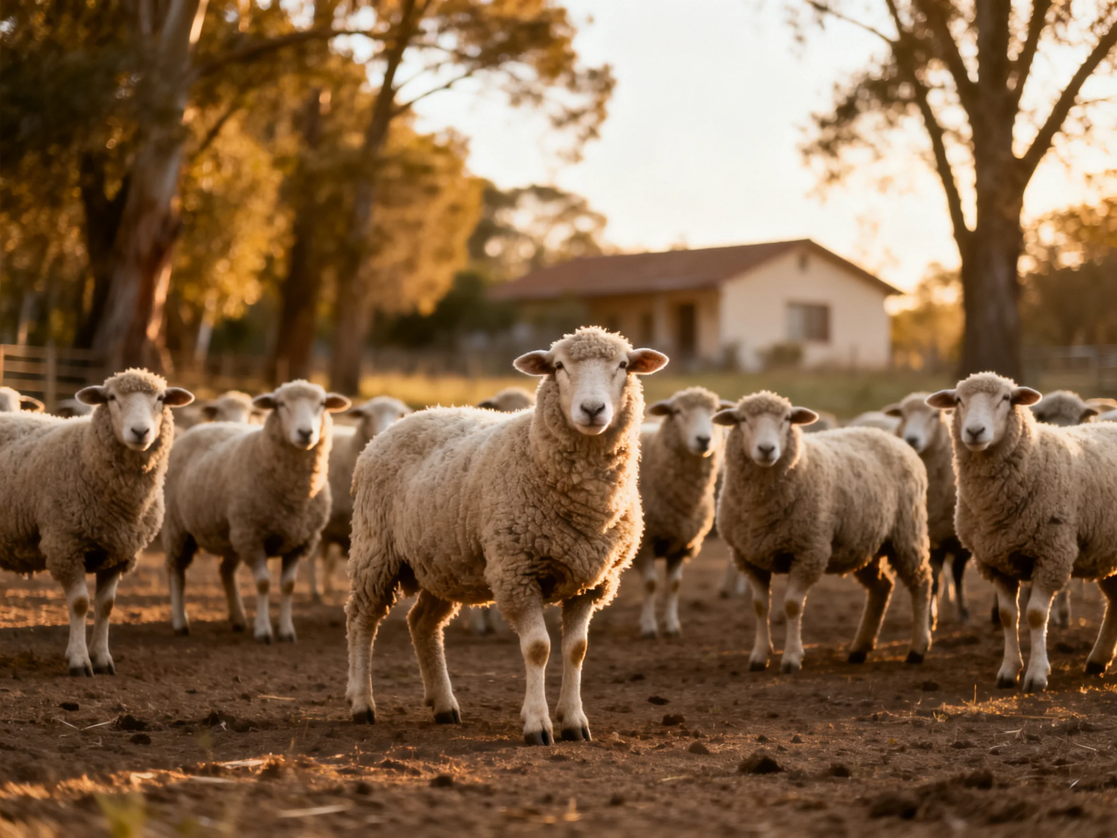A flock of woolly sheep gathered near a rural house