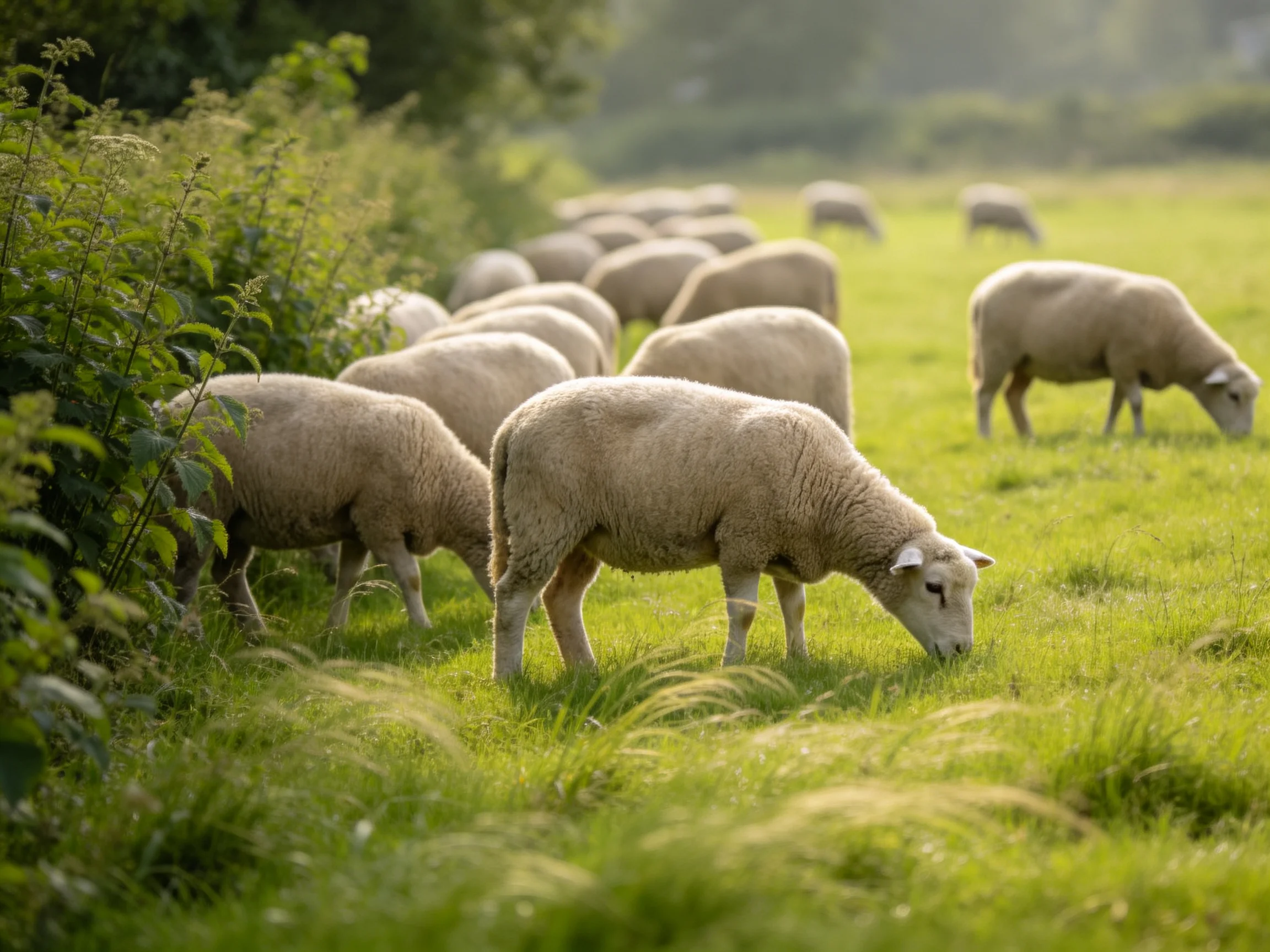 A flock of woolly sheep graze in a lush green meadow