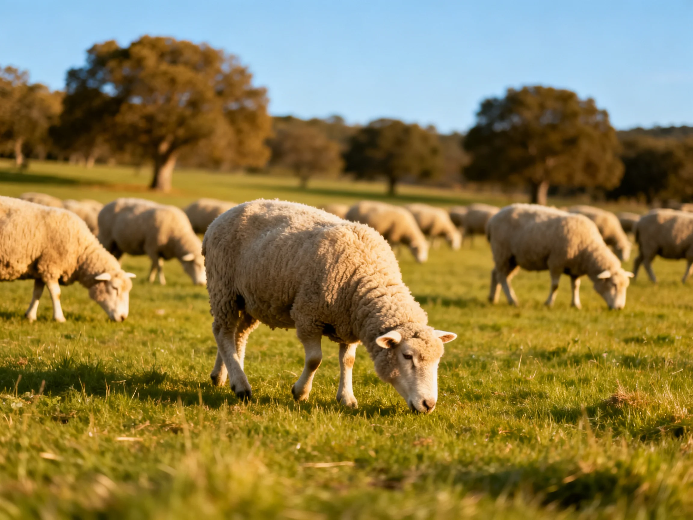 A flock of woolly sheep graze in a sunlit green pasture