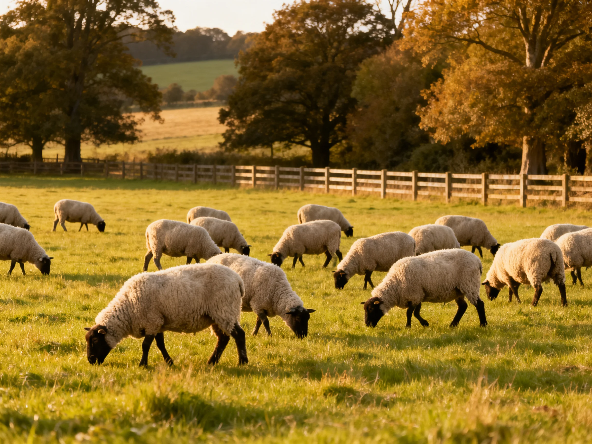 A flock of woolly sheep grazing in a golden-green pasture