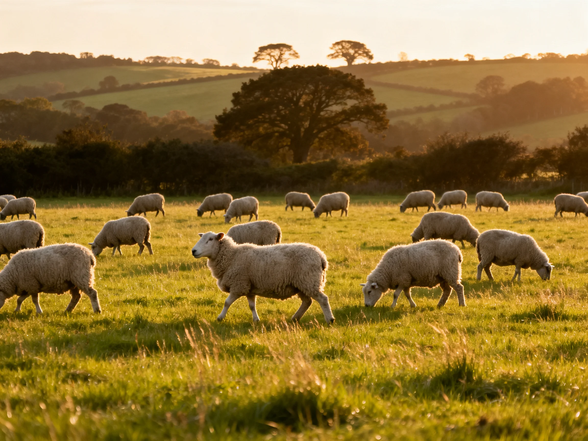 A flock of woolly sheep grazing in a golden-hour pastoral field