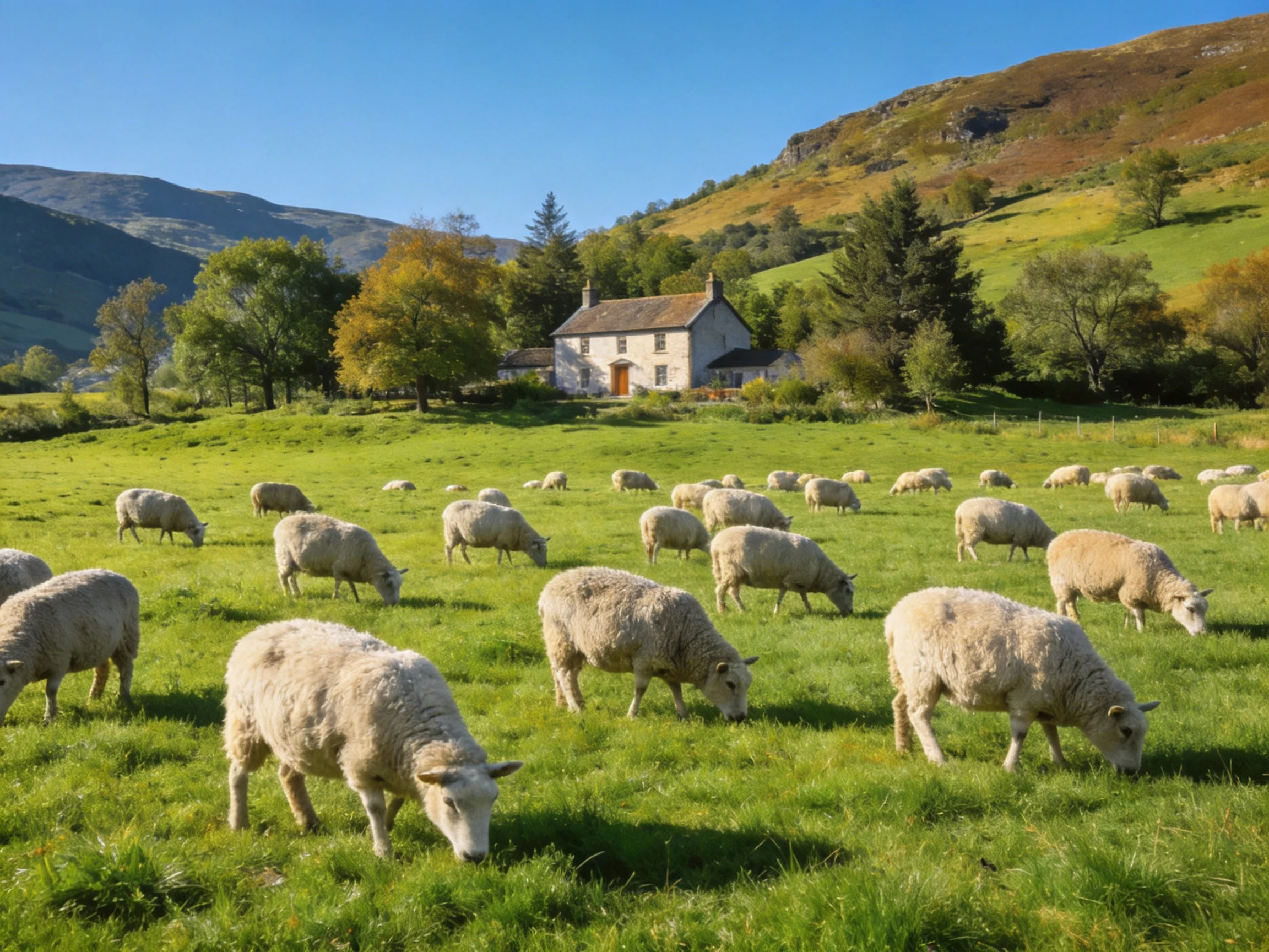 A flock of woolly sheep grazing in a lush green meadow near a stone house