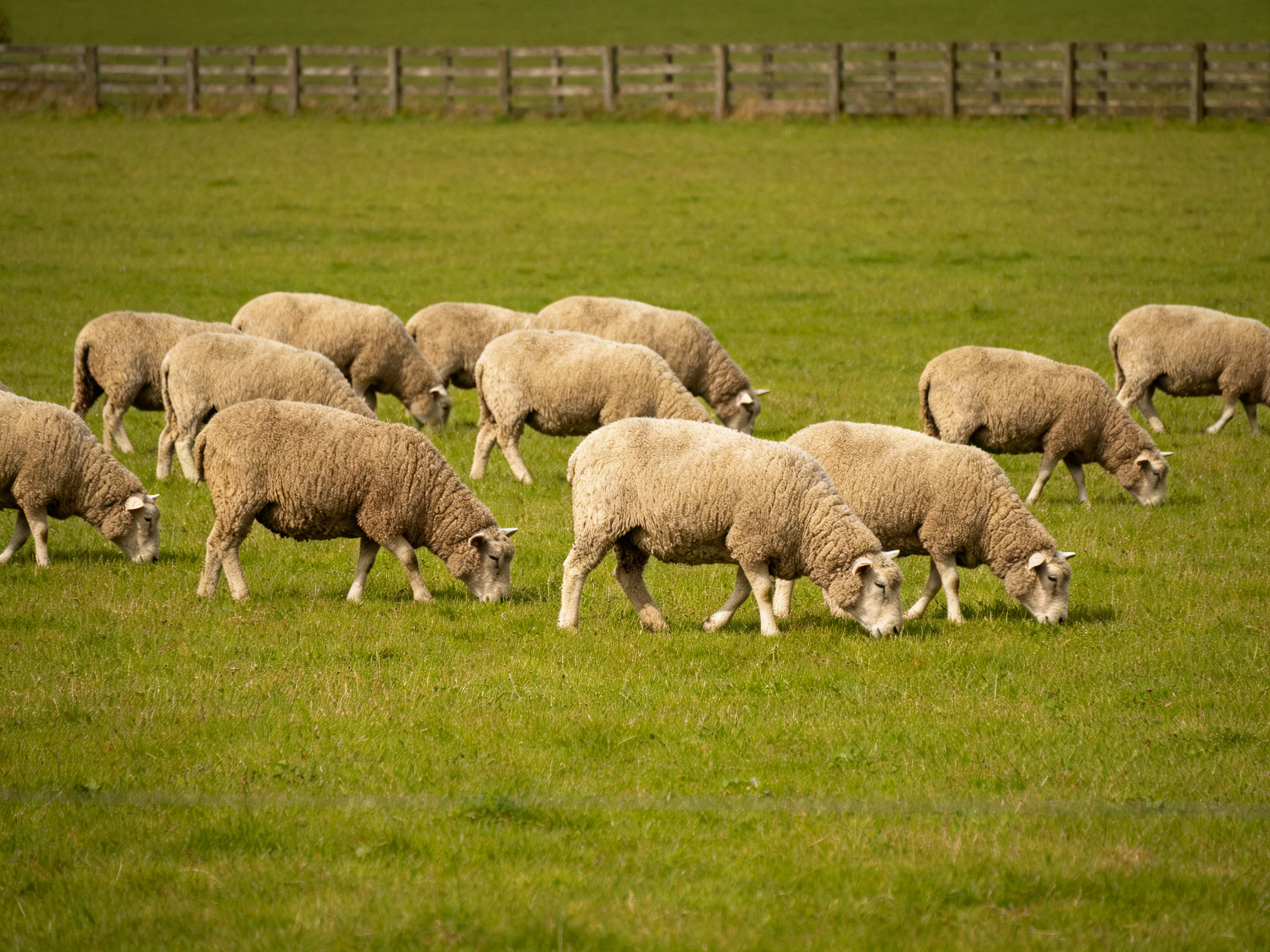 A flock of woolly sheep grazing in a lush green pasture