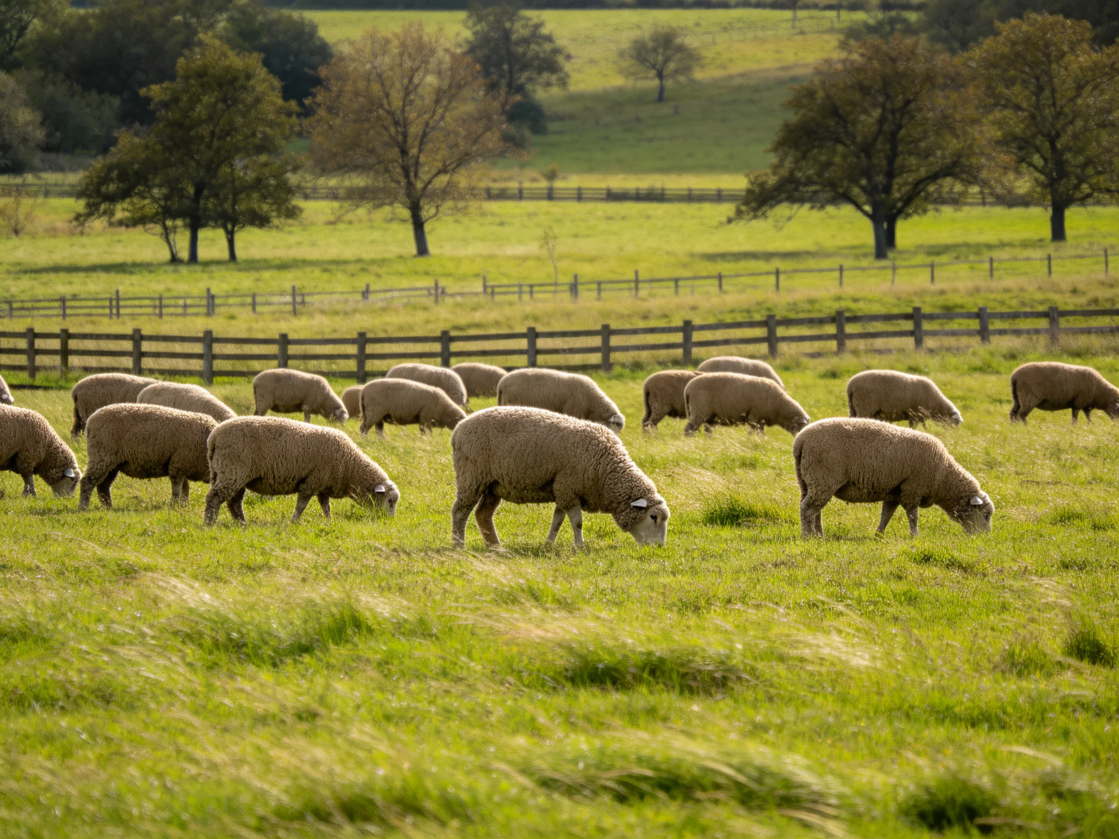 A flock of woolly sheep grazing in a lush green pasture