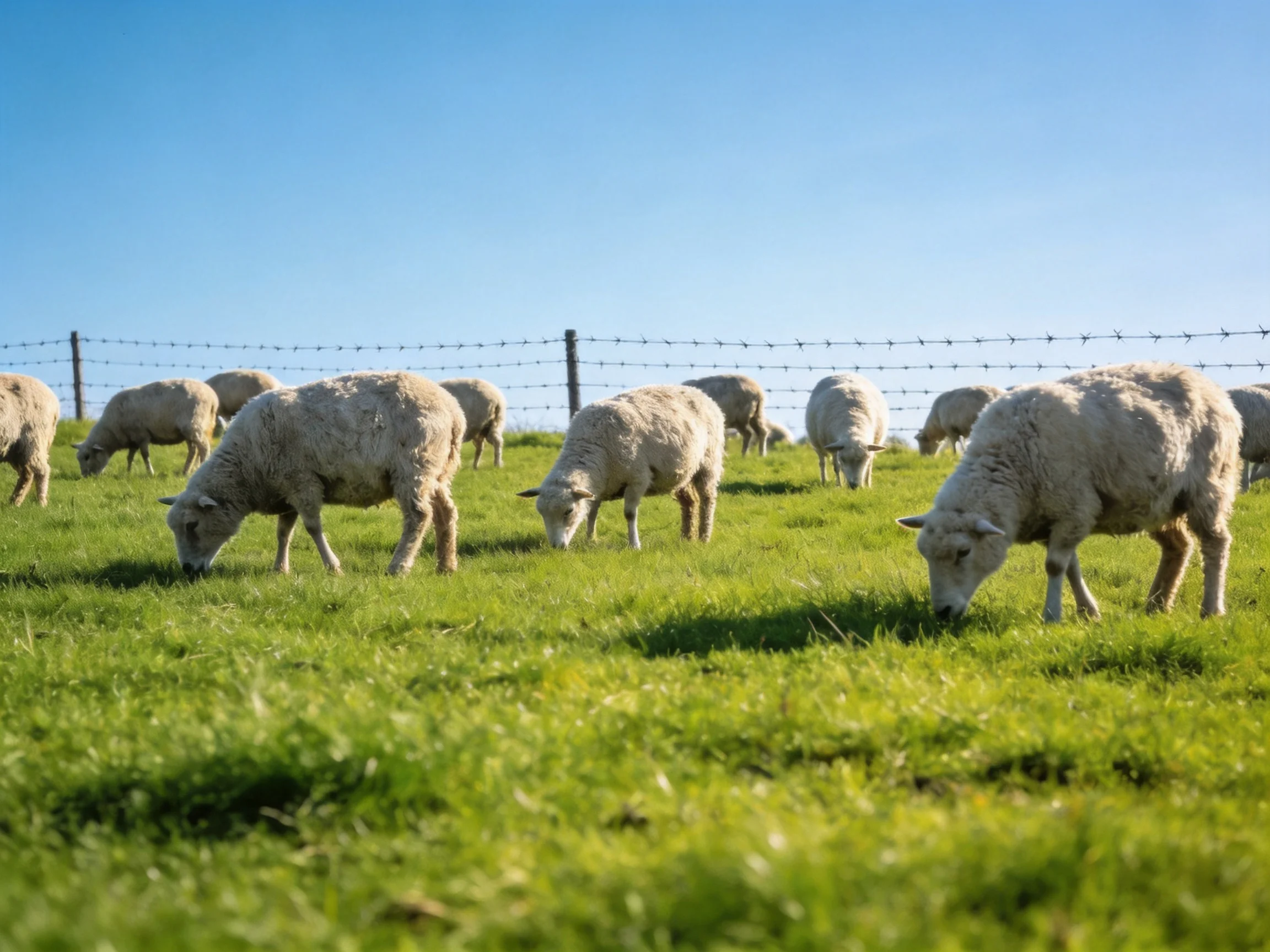 A flock of woolly sheep grazing in a lush green pasture with a barbed wire fence