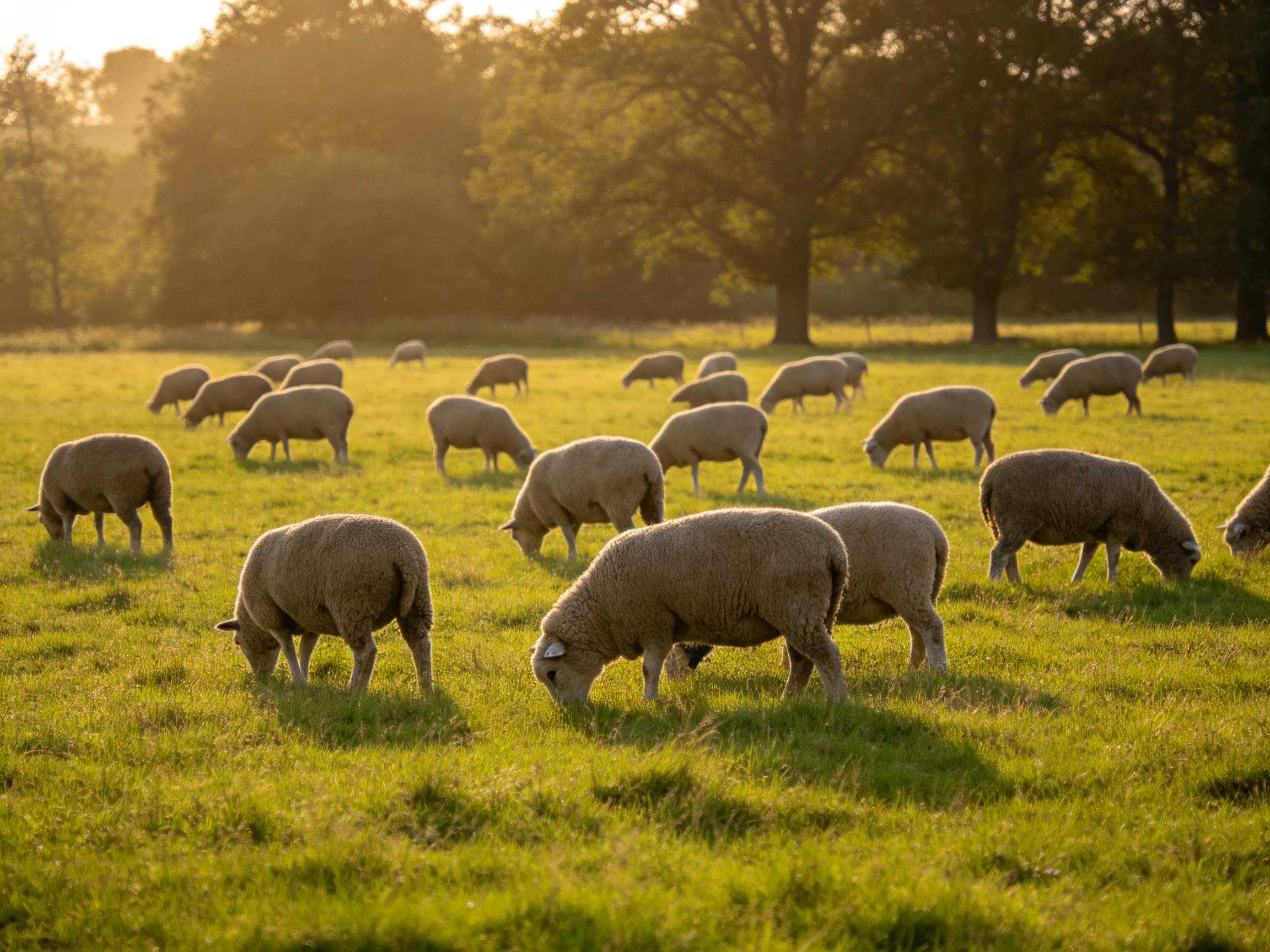 A flock of woolly sheep grazing in a sunlit green pasture