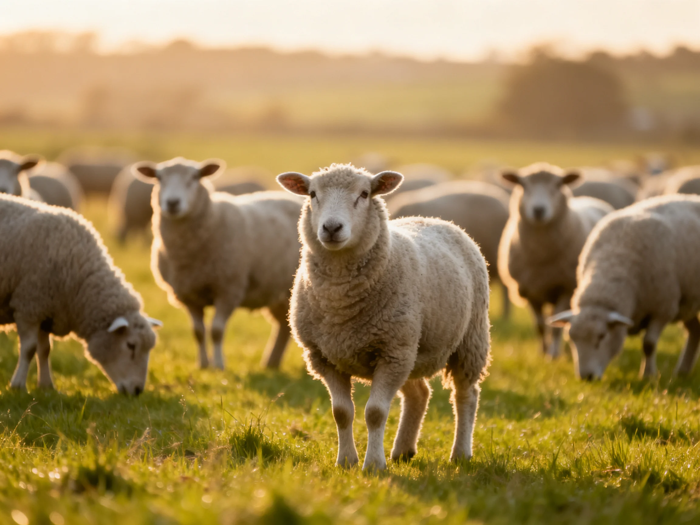 A flock of woolly sheep grazing in a sunlit green pasture