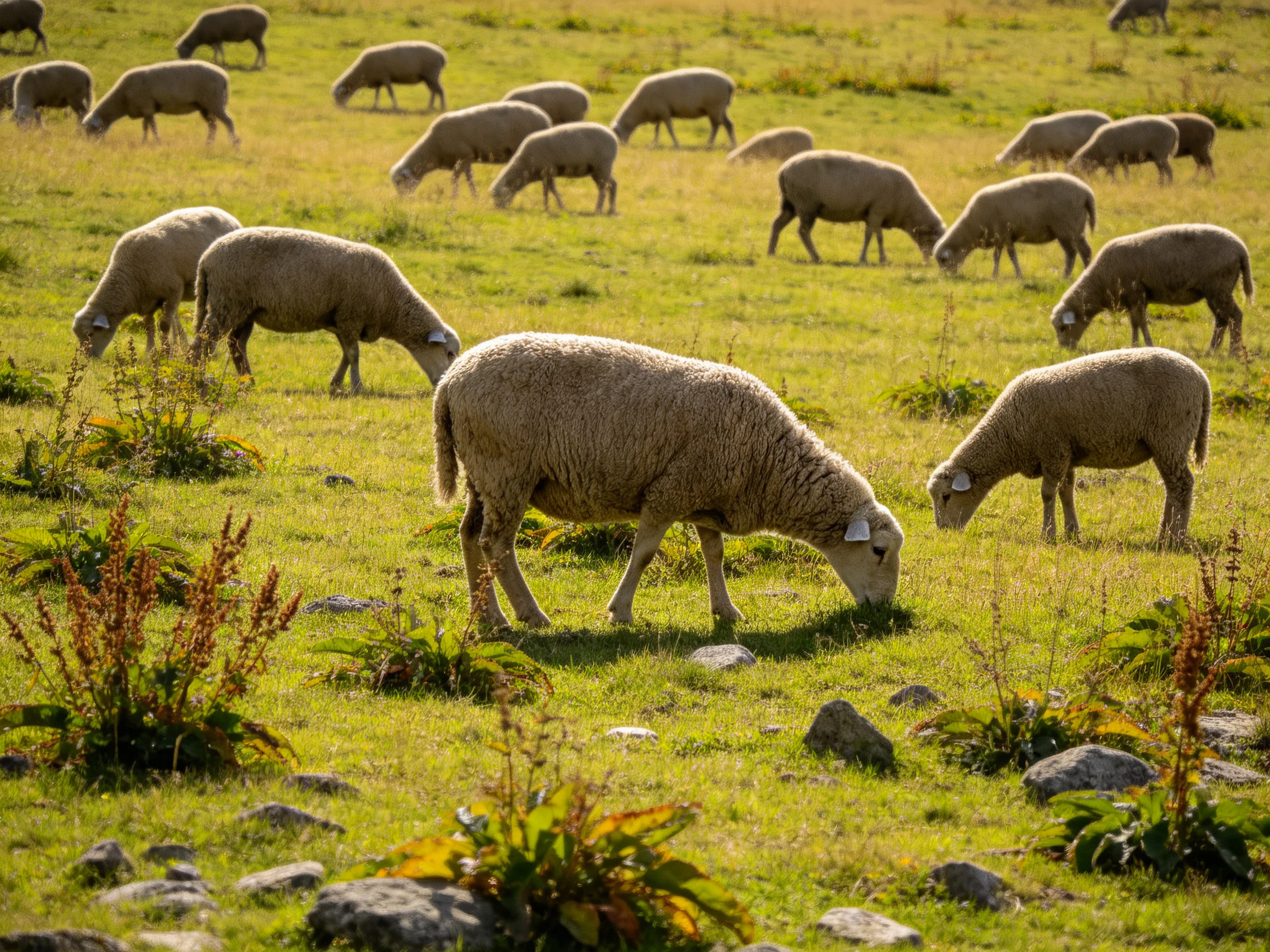 A flock of woolly sheep grazing in a sunlit green pasture