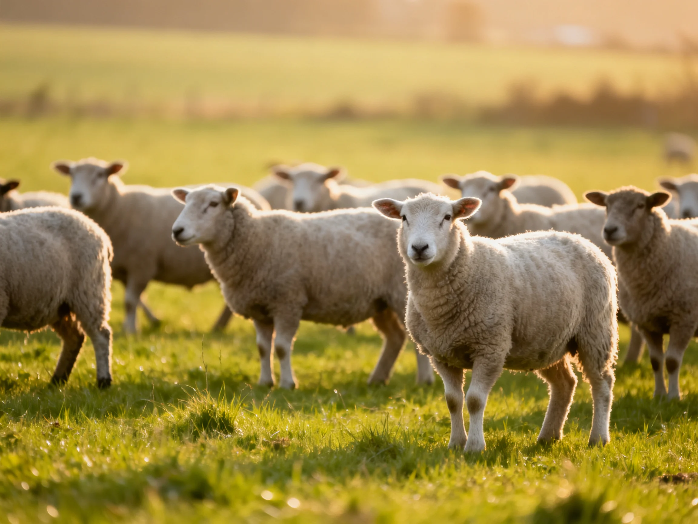 A flock of woolly sheep grazing in a sunlit green pasture