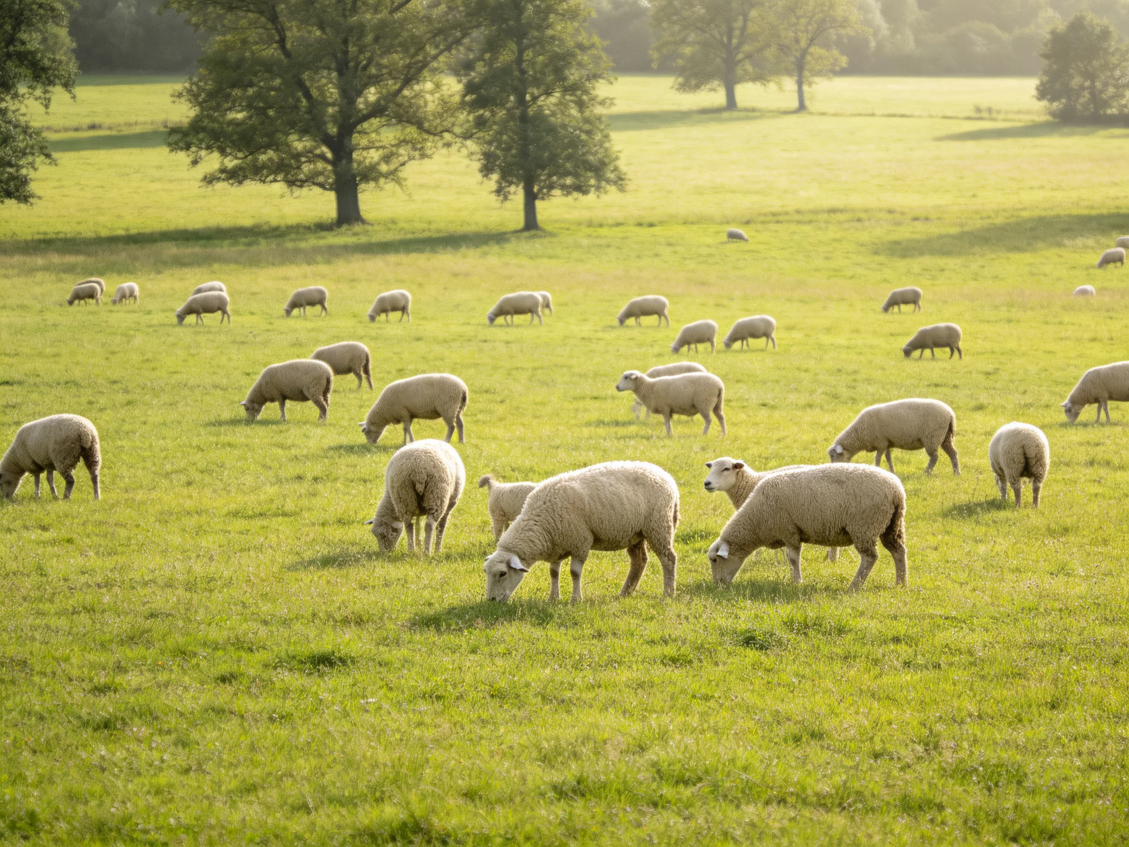 A flock of woolly sheep grazing in a sunlit green pasture