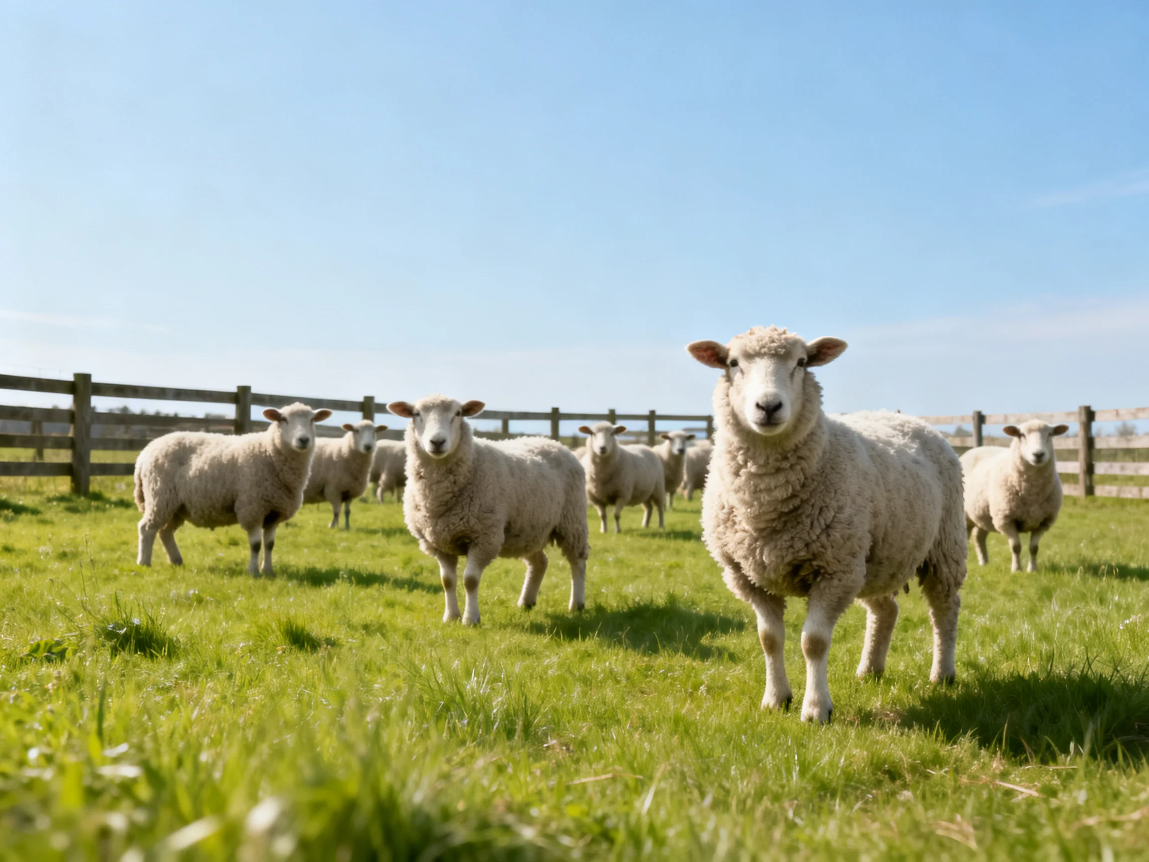 A flock of woolly sheep grazing in a sunny pasture