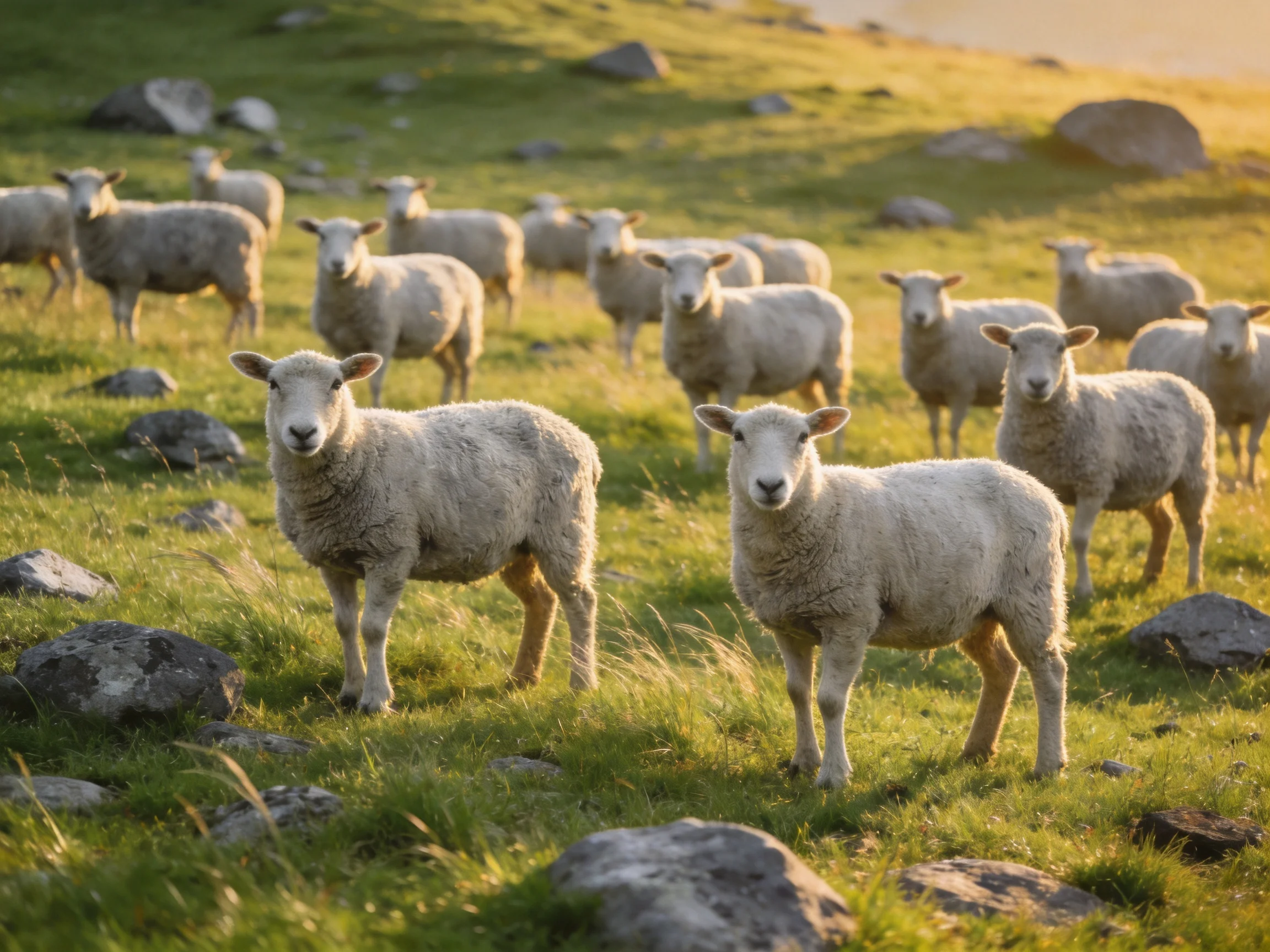 A flock of woolly sheep grazing on a sunlit rocky hillside