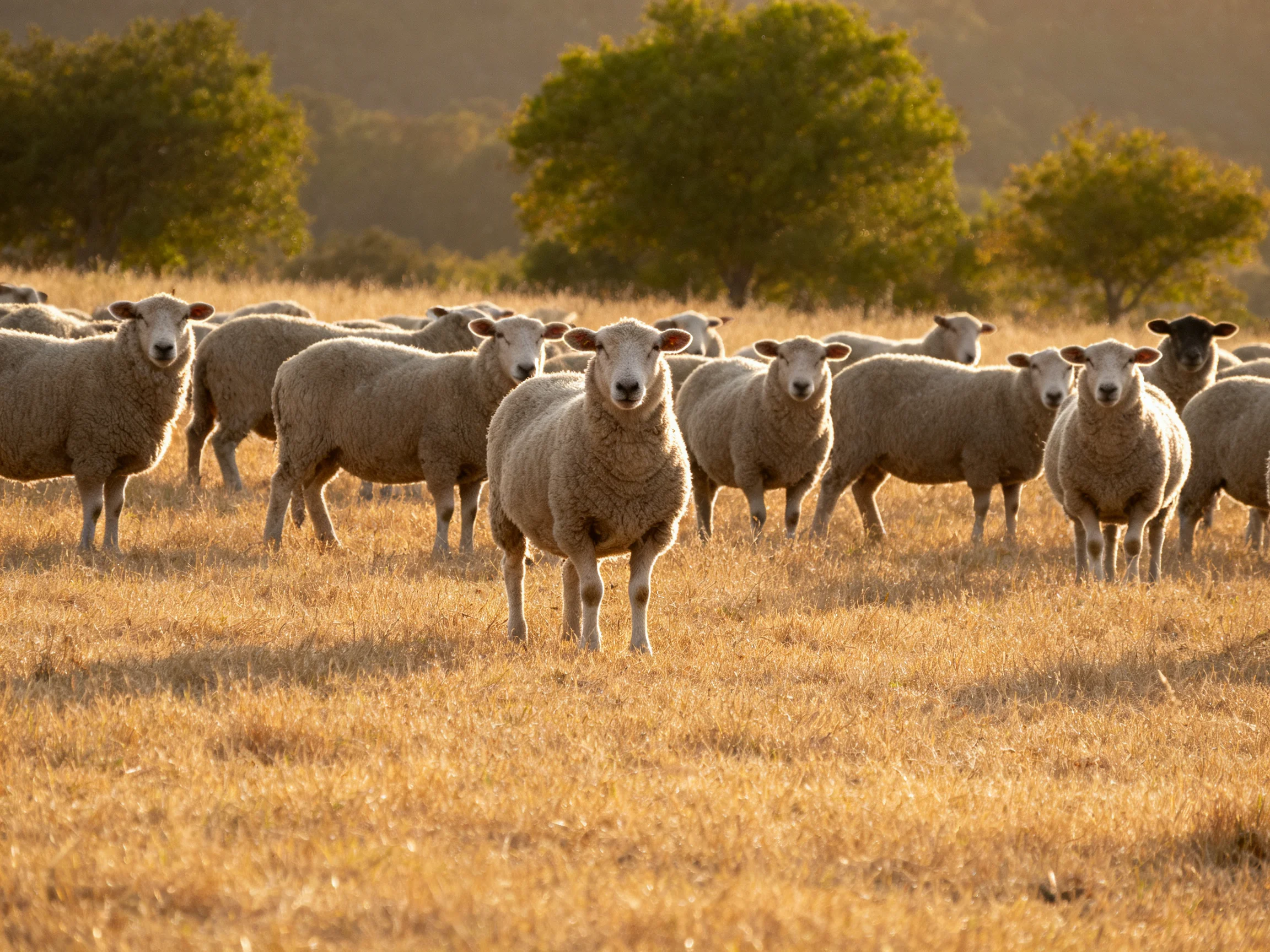 A flock of woolly sheep in a golden field with green trees