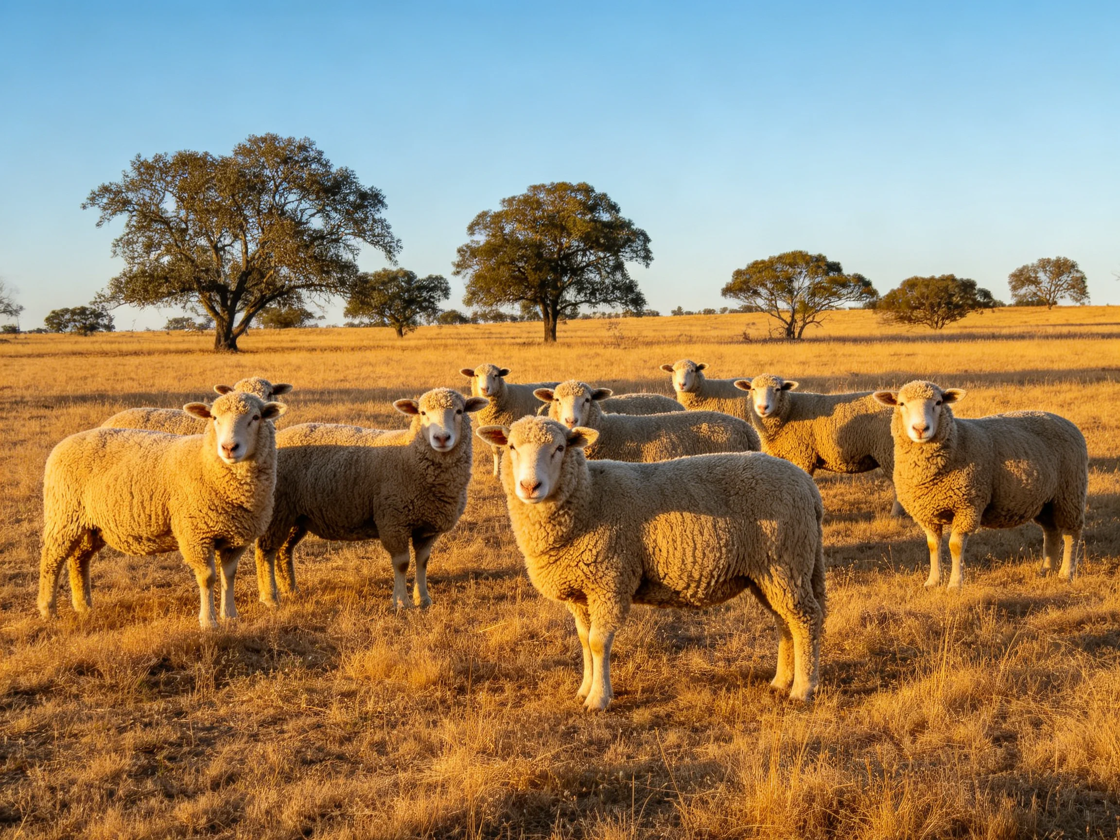 A flock of woolly sheep in a golden field with scattered trees