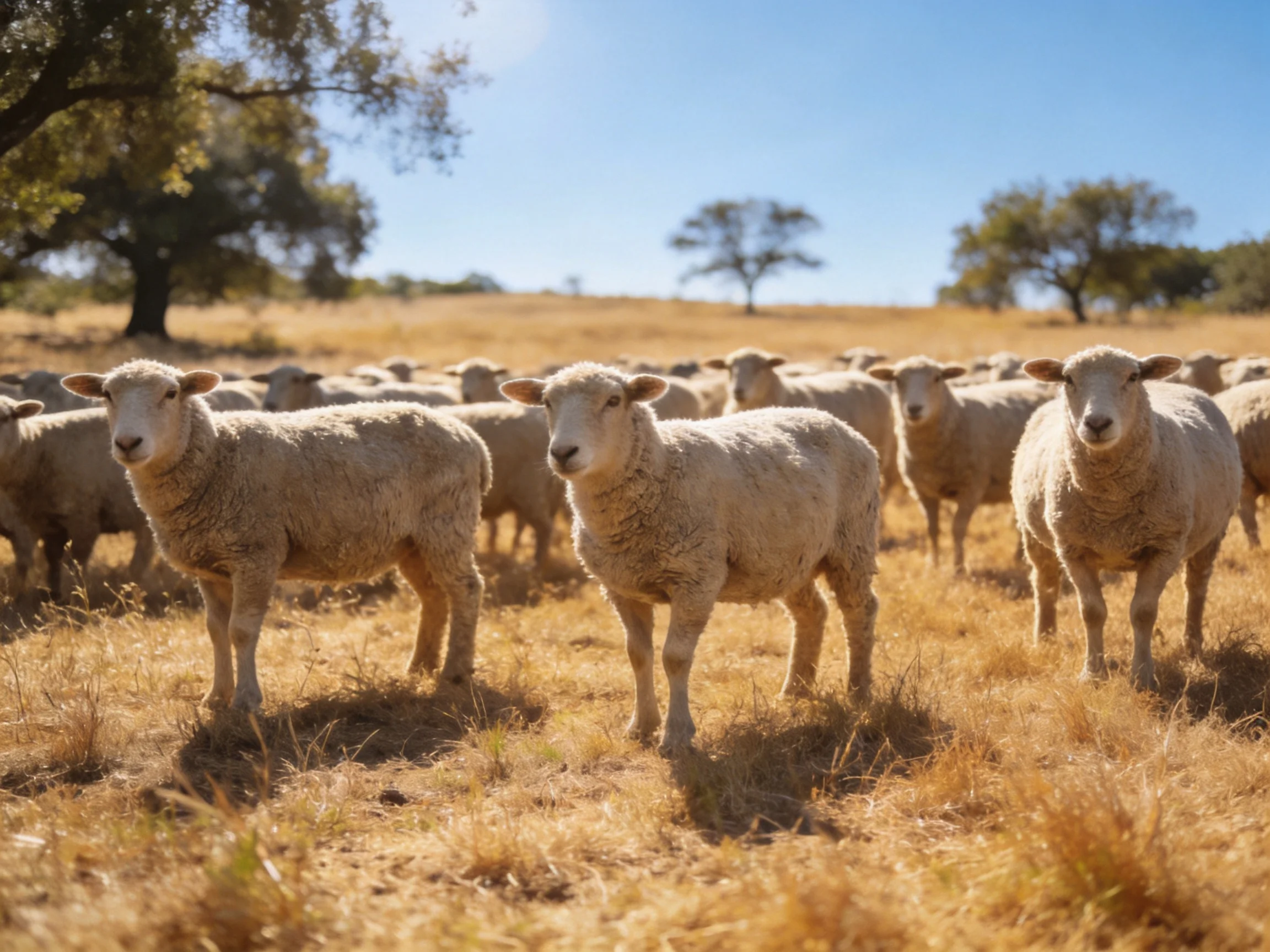 A flock of woolly sheep in a golden grassy field
