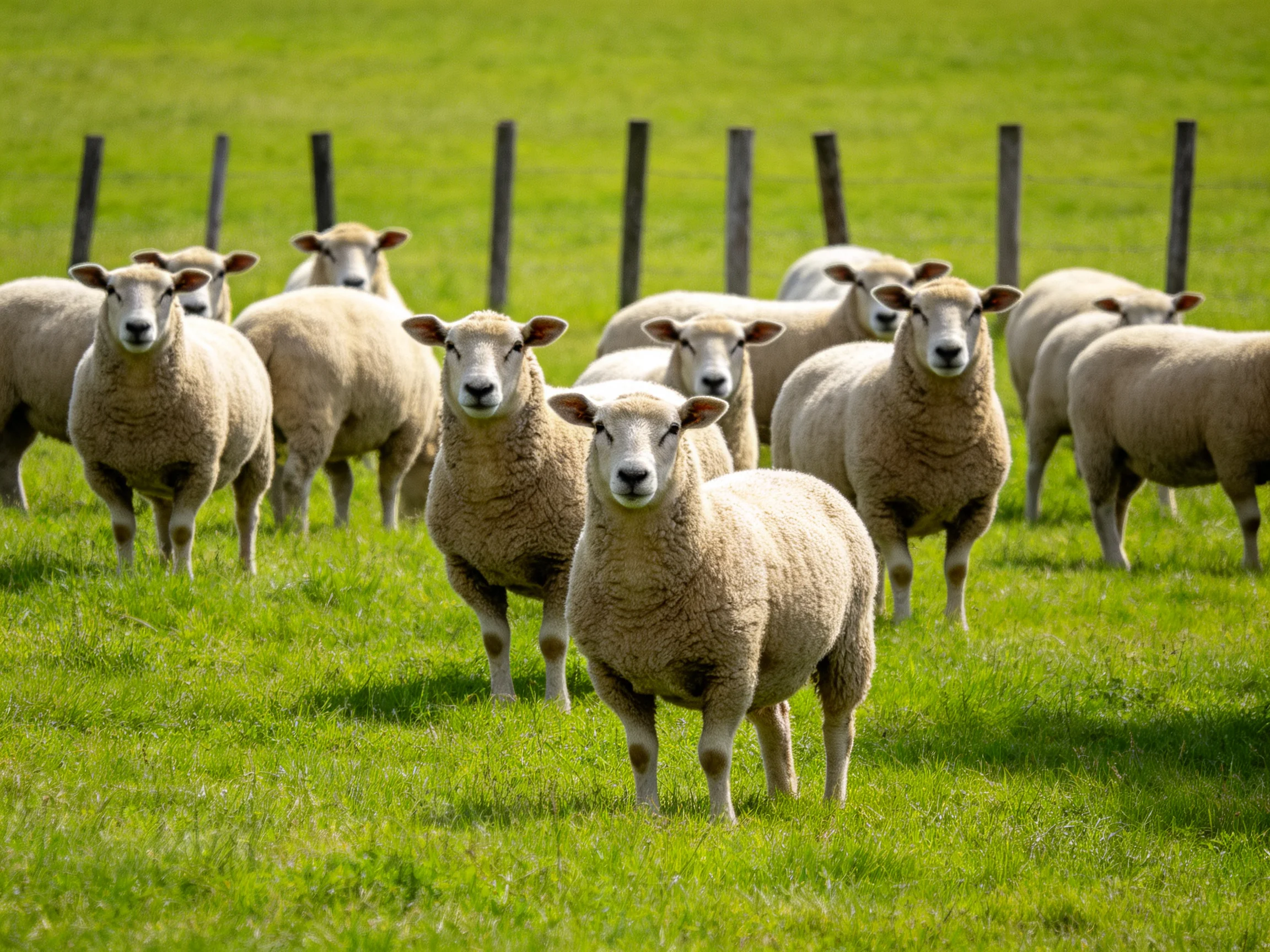 A flock of woolly sheep in a lush green pasture near wooden fence posts