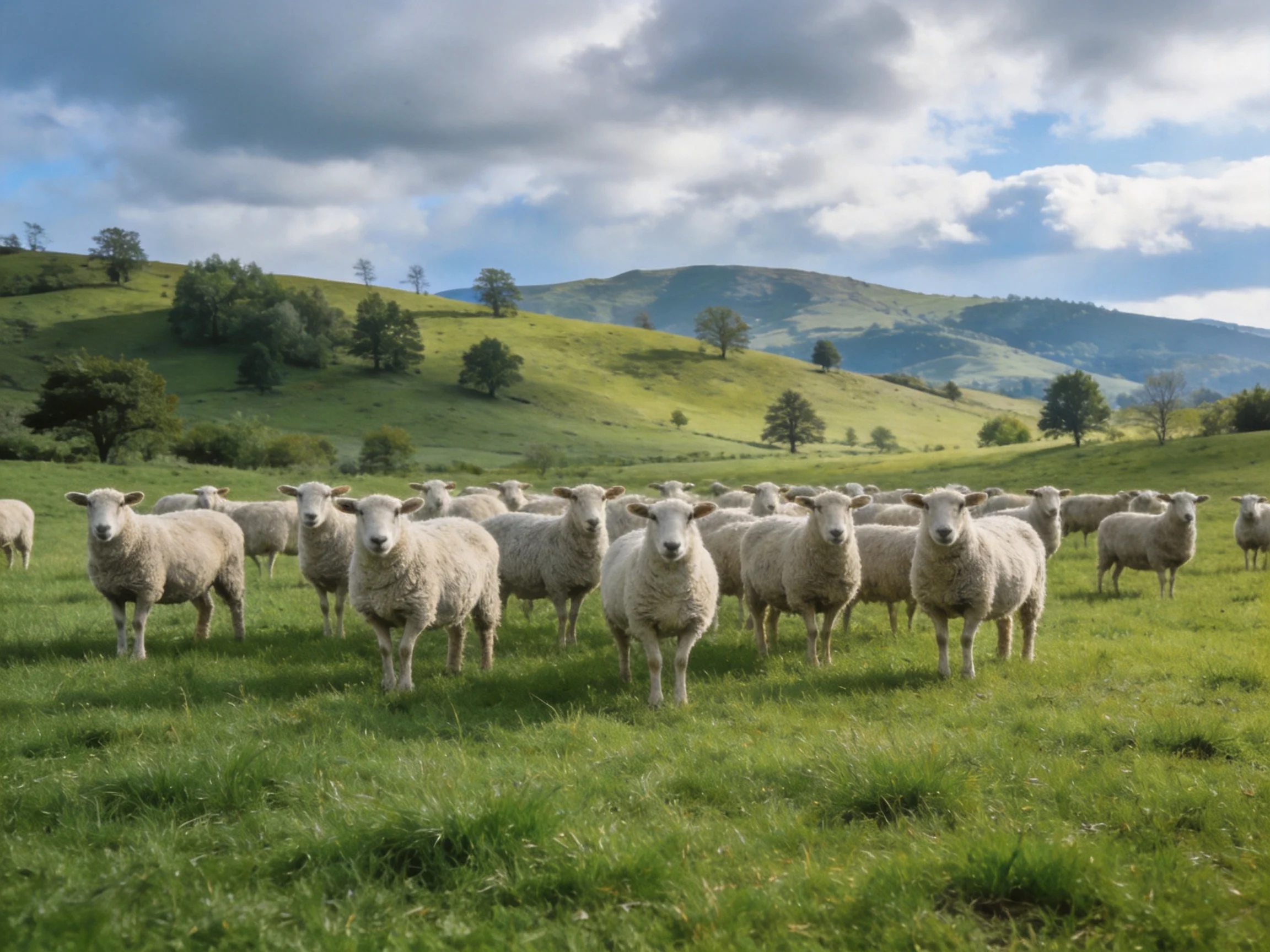 A flock of woolly sheep in a lush green pasture with rolling hills