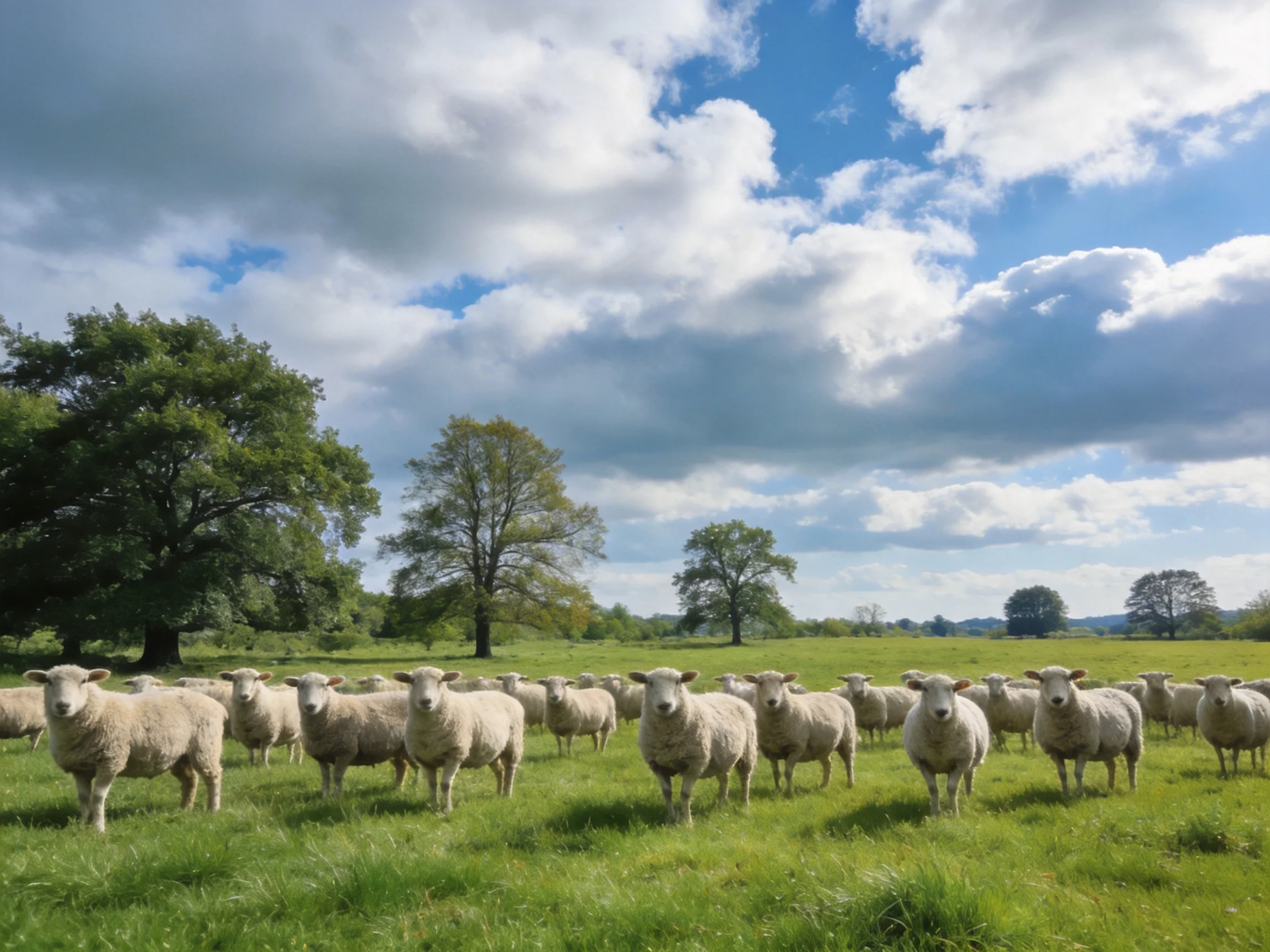 A flock of woolly sheep in a lush green pasture with tall trees