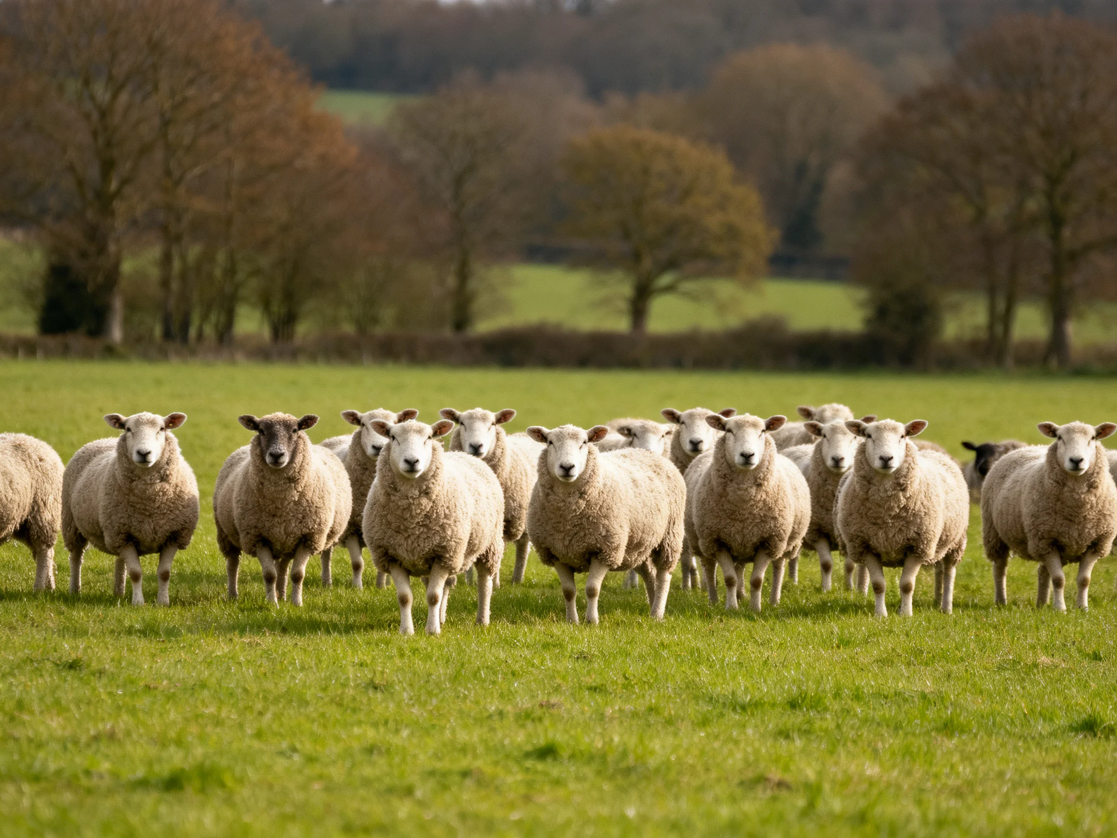 A flock of woolly sheep in a lush green pasture