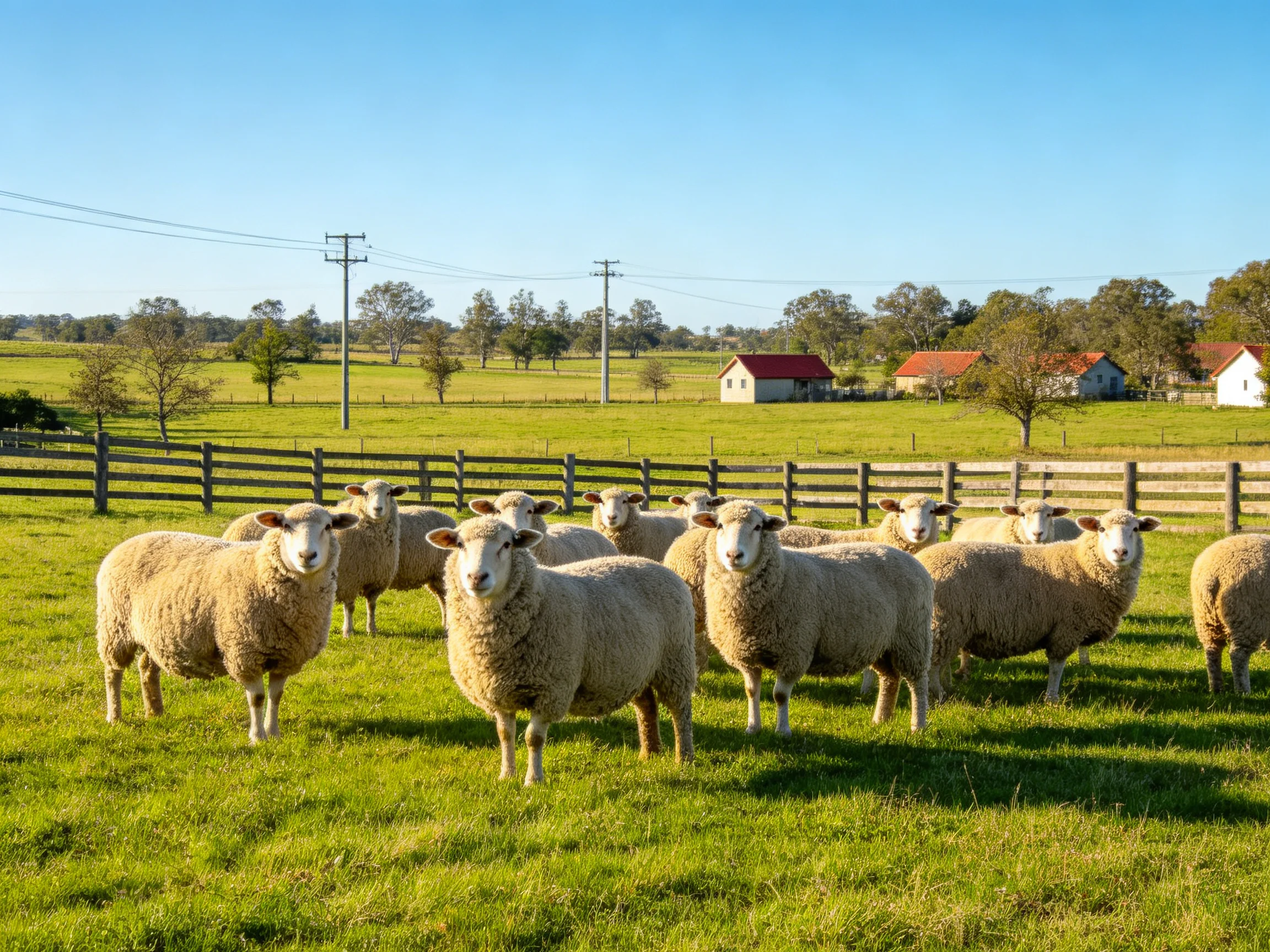 A flock of woolly sheep in a sun-drenched green pasture near farmhouses