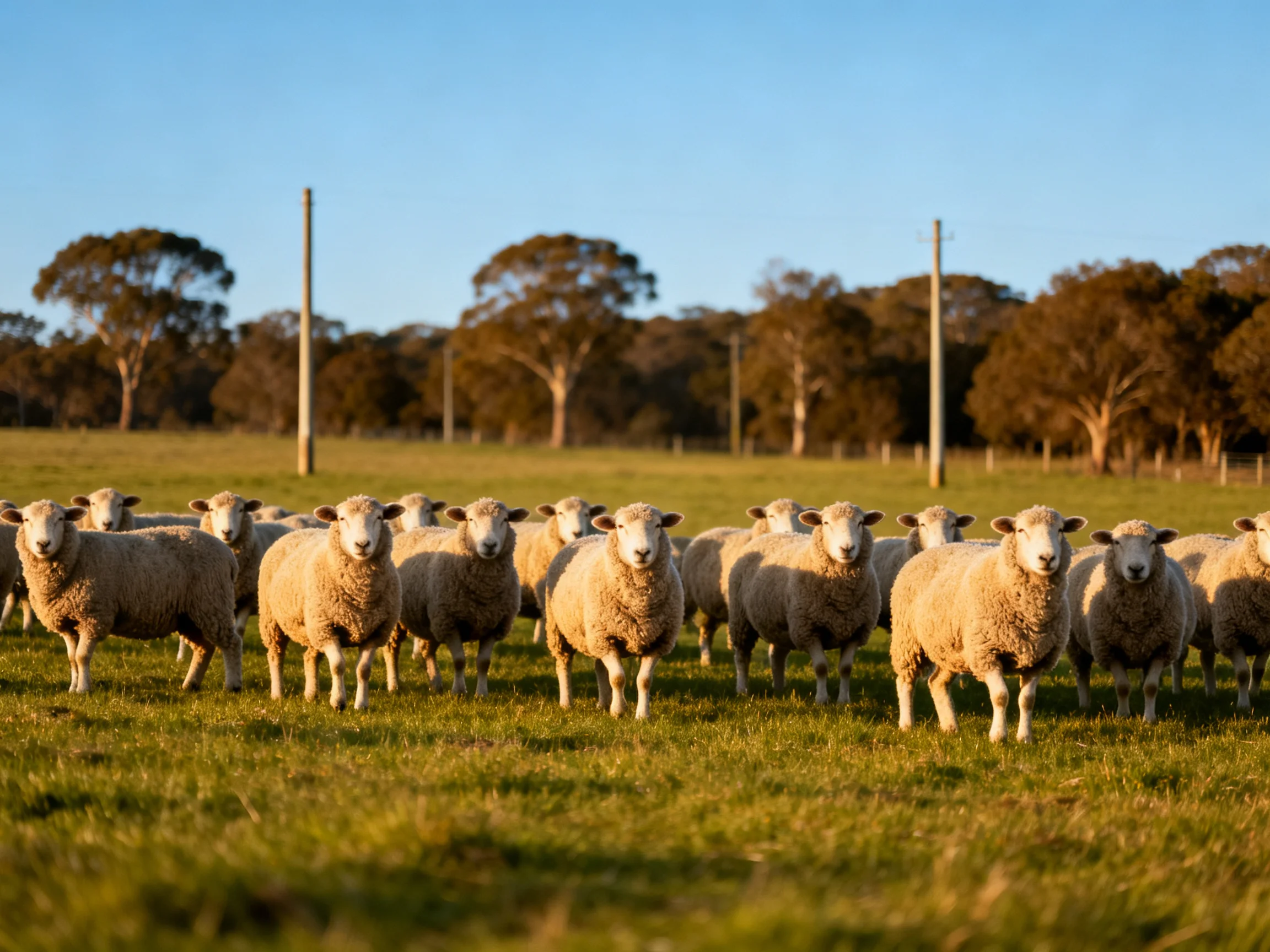 A flock of woolly sheep in a sunlit green pasture