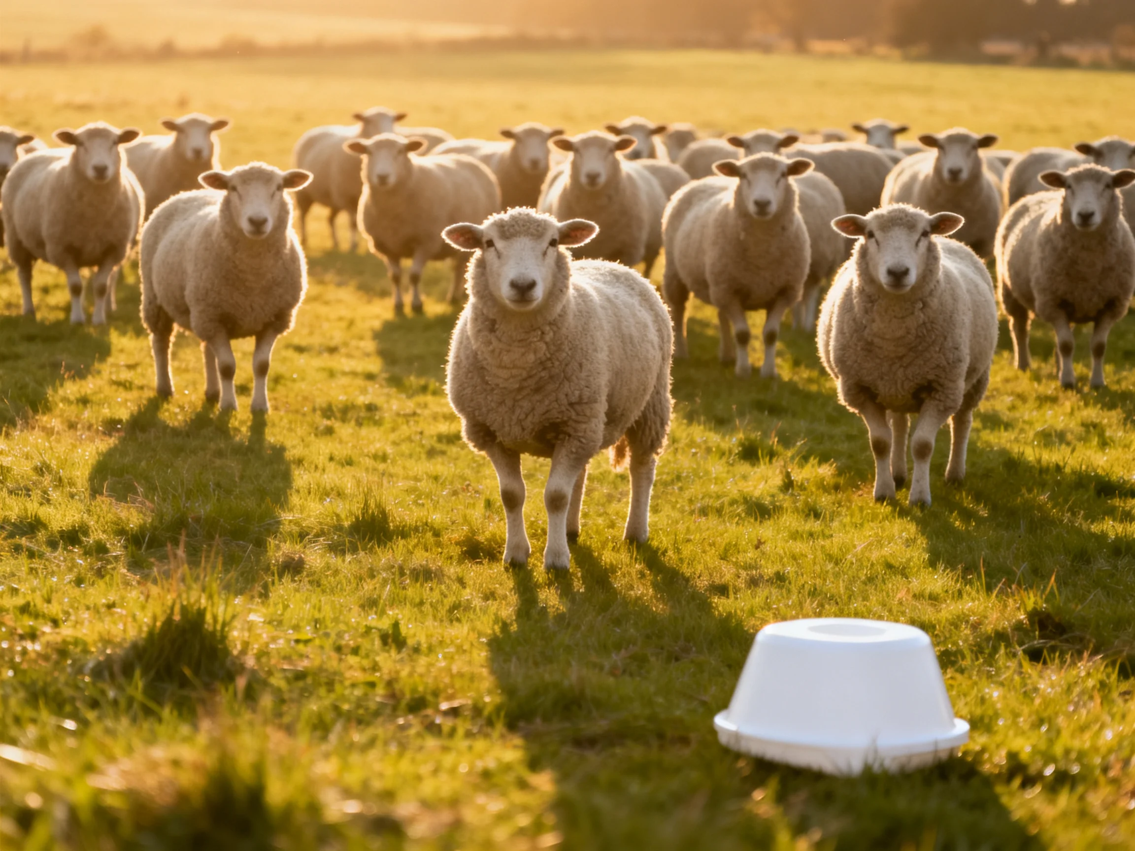 A flock of woolly sheep in a sunlit green pasture