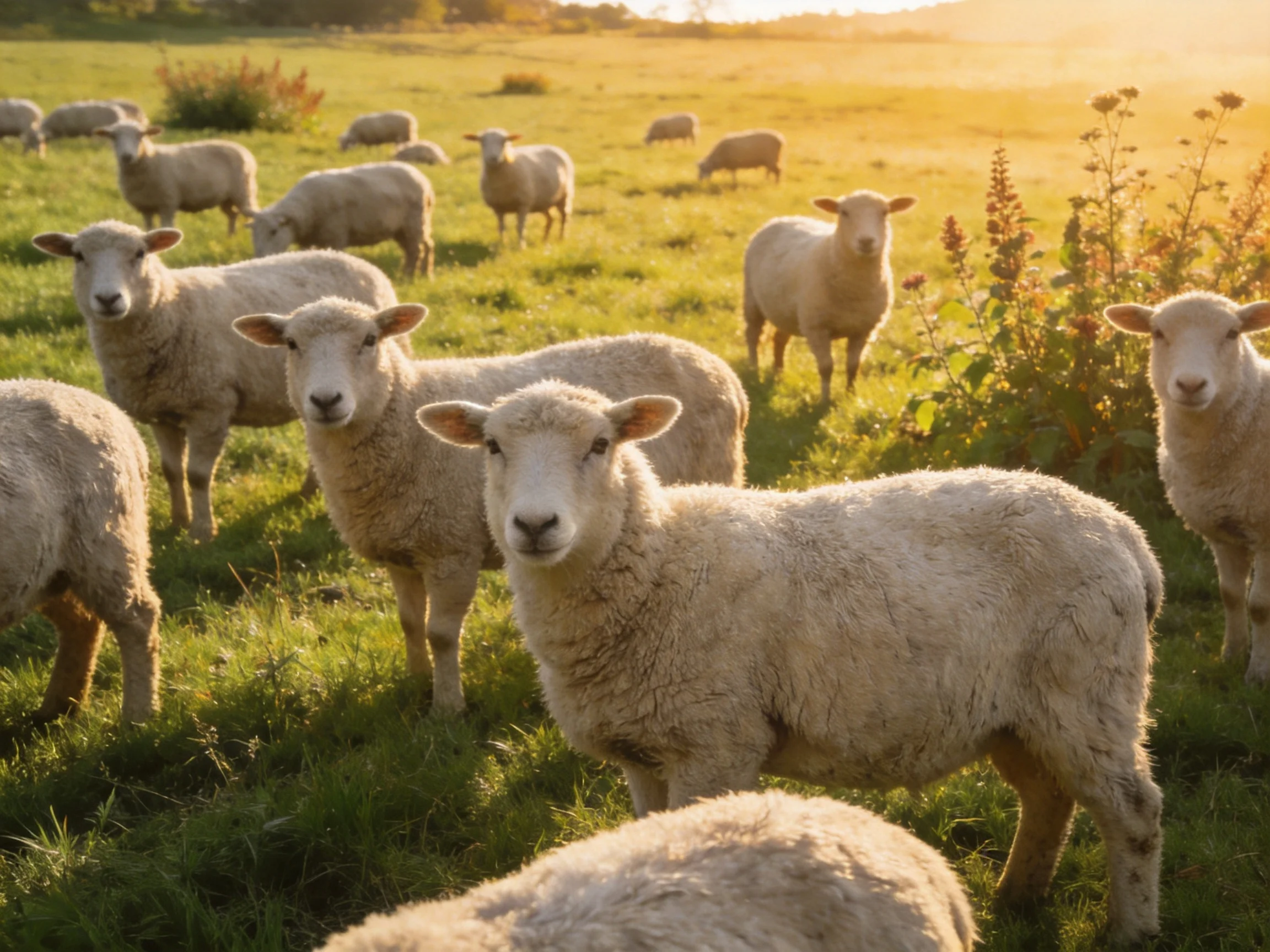 A flock of woolly sheep in a sunlit green pasture