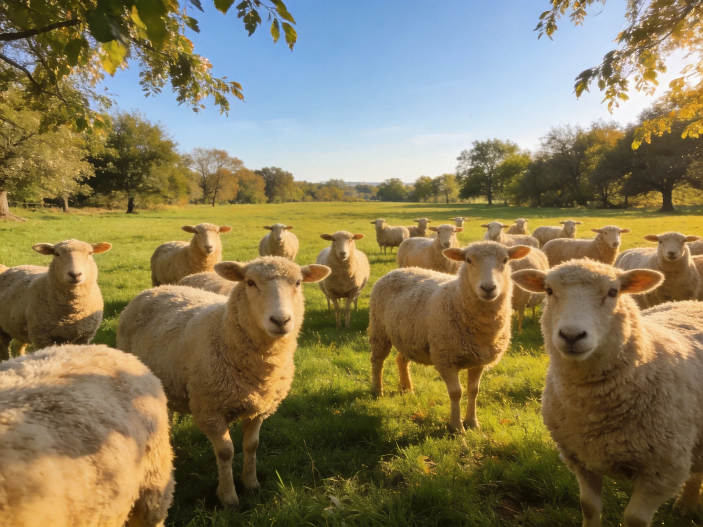 A flock of woolly sheep in a sunlit green pasture