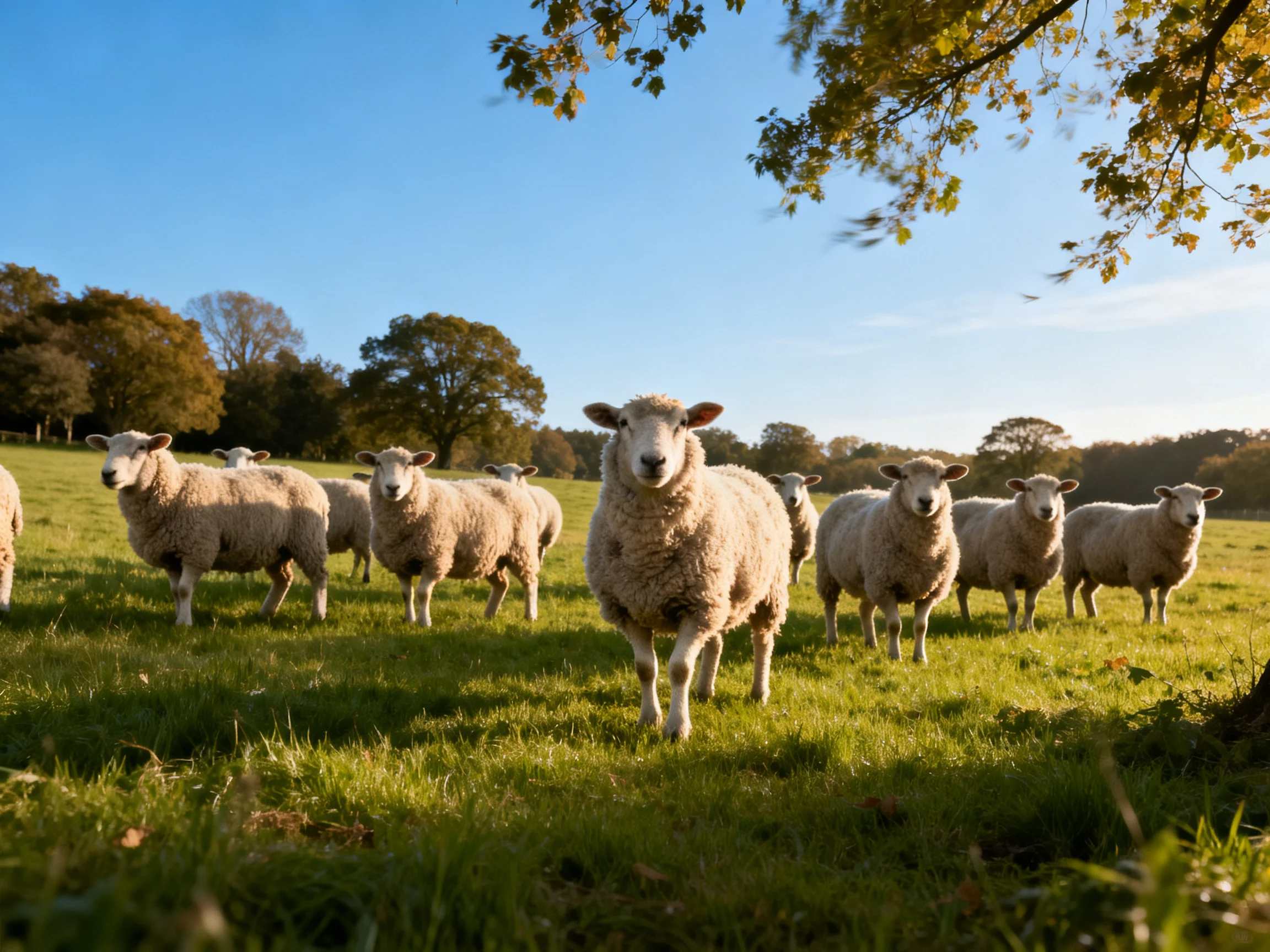 A flock of woolly sheep in a sunlit green pasture