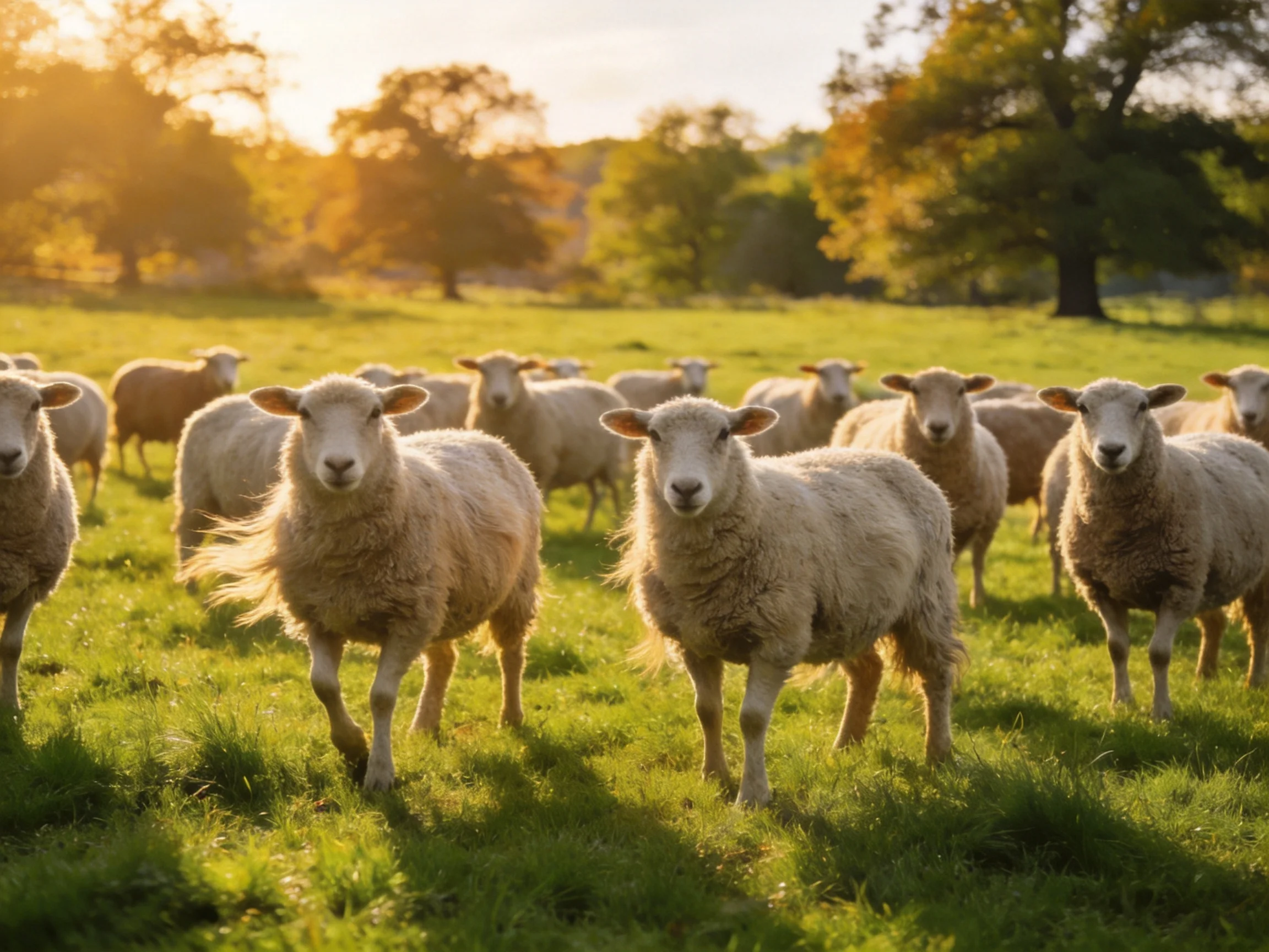 A flock of woolly sheep in a sunlit green pasture near trees