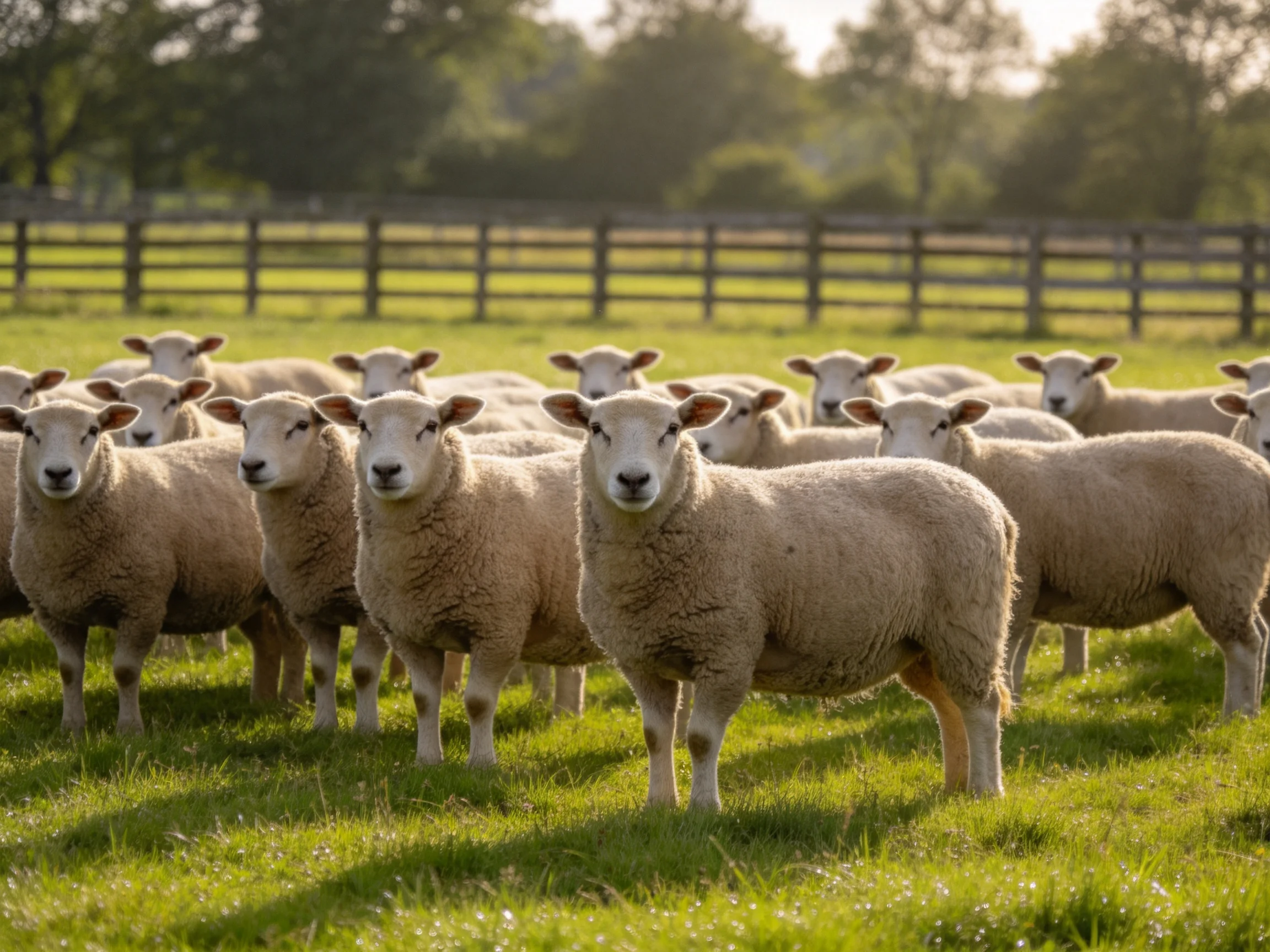 A flock of woolly sheep in a sunlit green pasture
