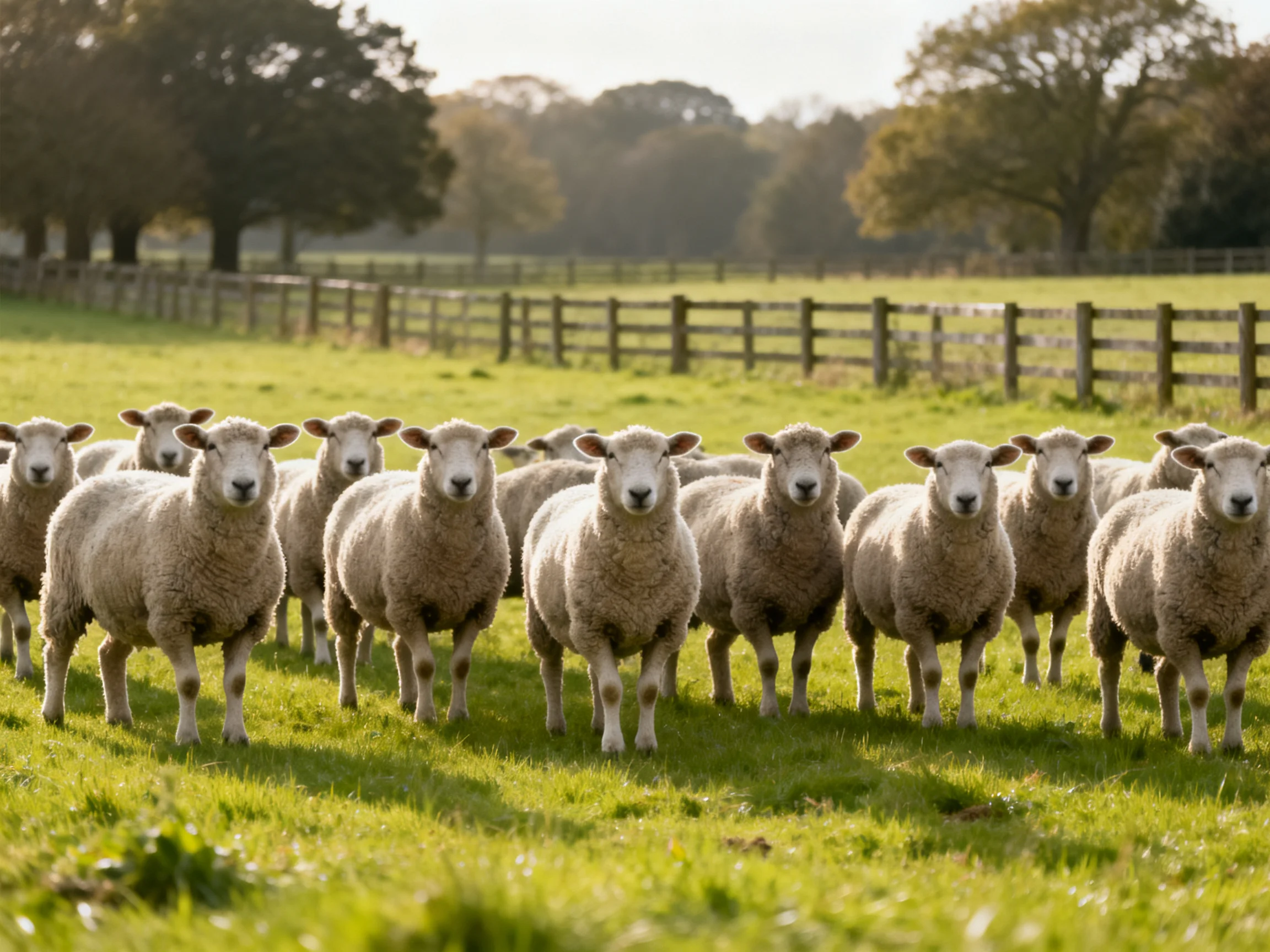 A flock of woolly sheep in a sunlit green pasture