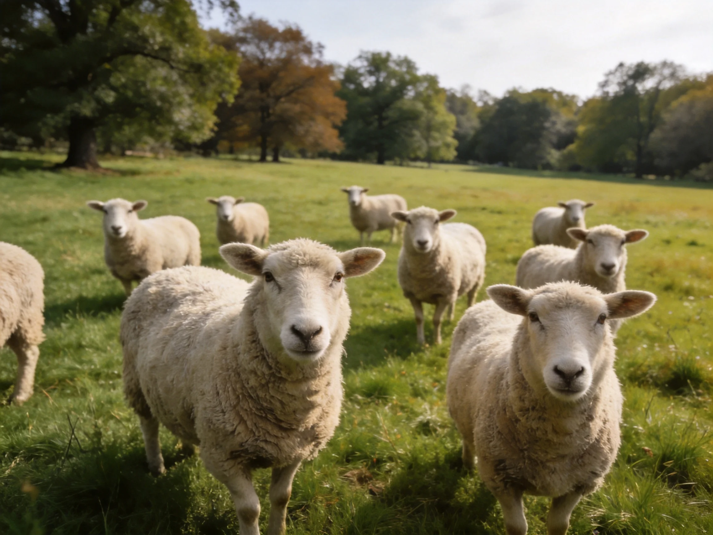 A flock of woolly sheep in a sunlit green pasture