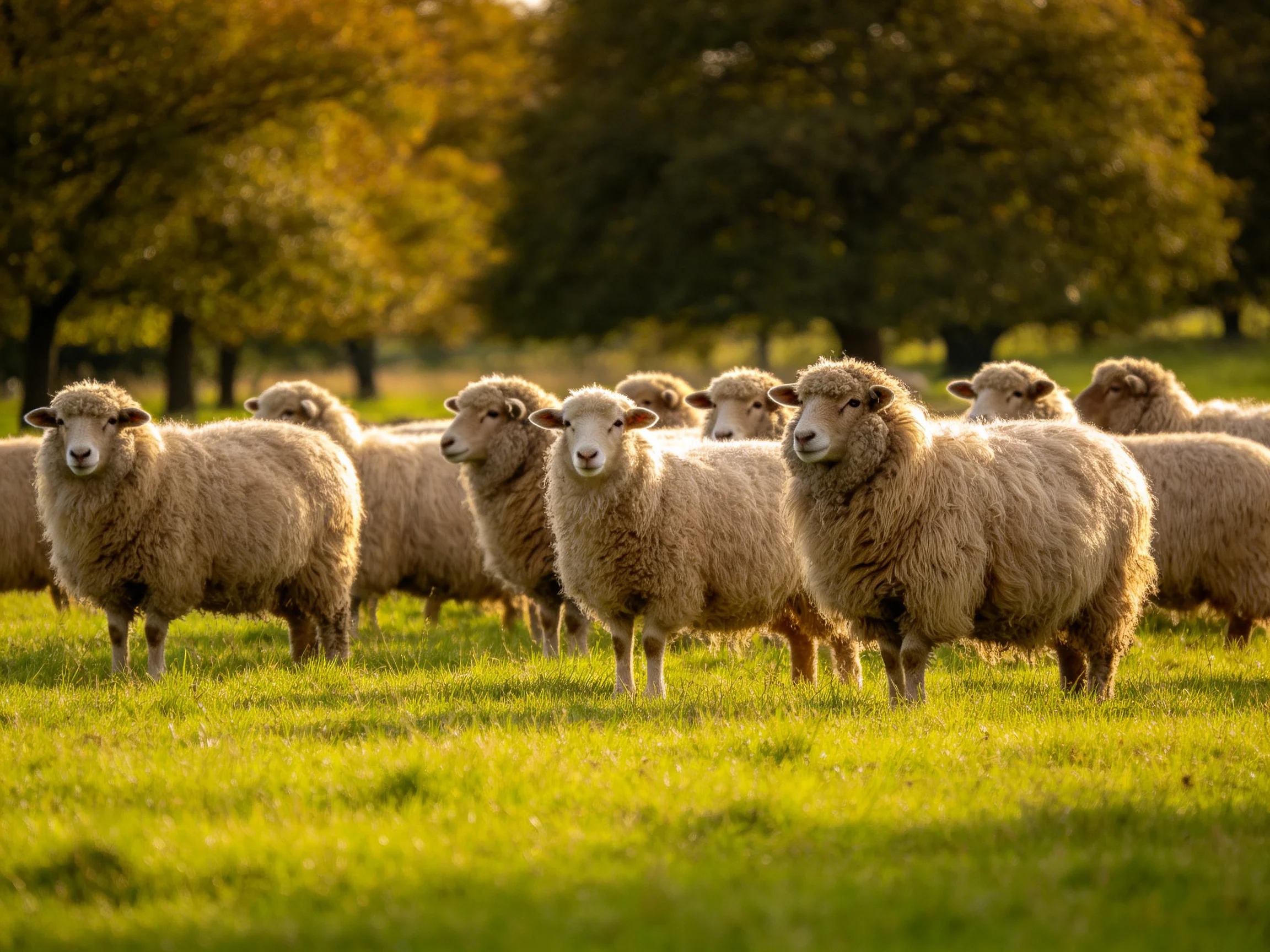 A flock of woolly sheep in a sunlit green pasture with autumn trees
