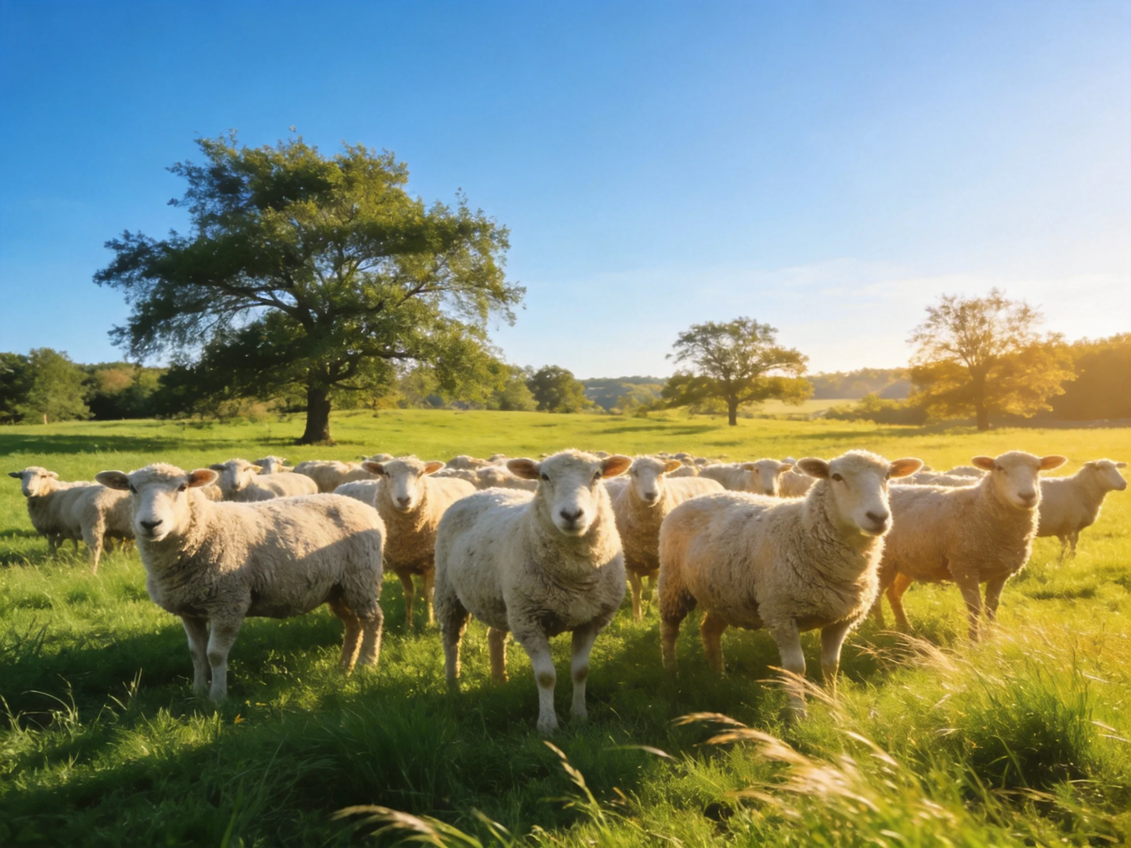 A flock of woolly sheep in a sunlit green pasture with tall trees