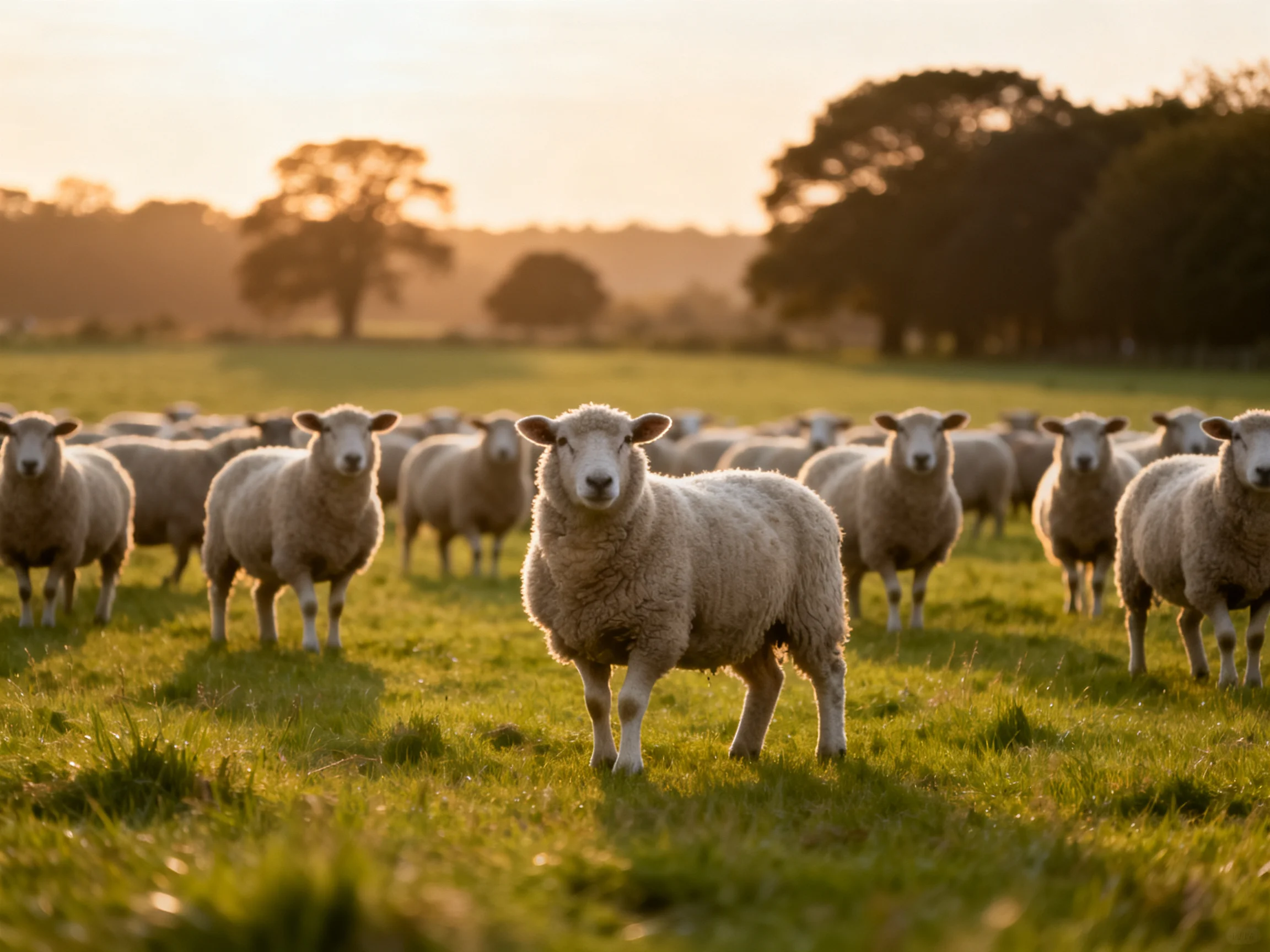 A flock of woolly sheep in a sunlit green pasture with trees