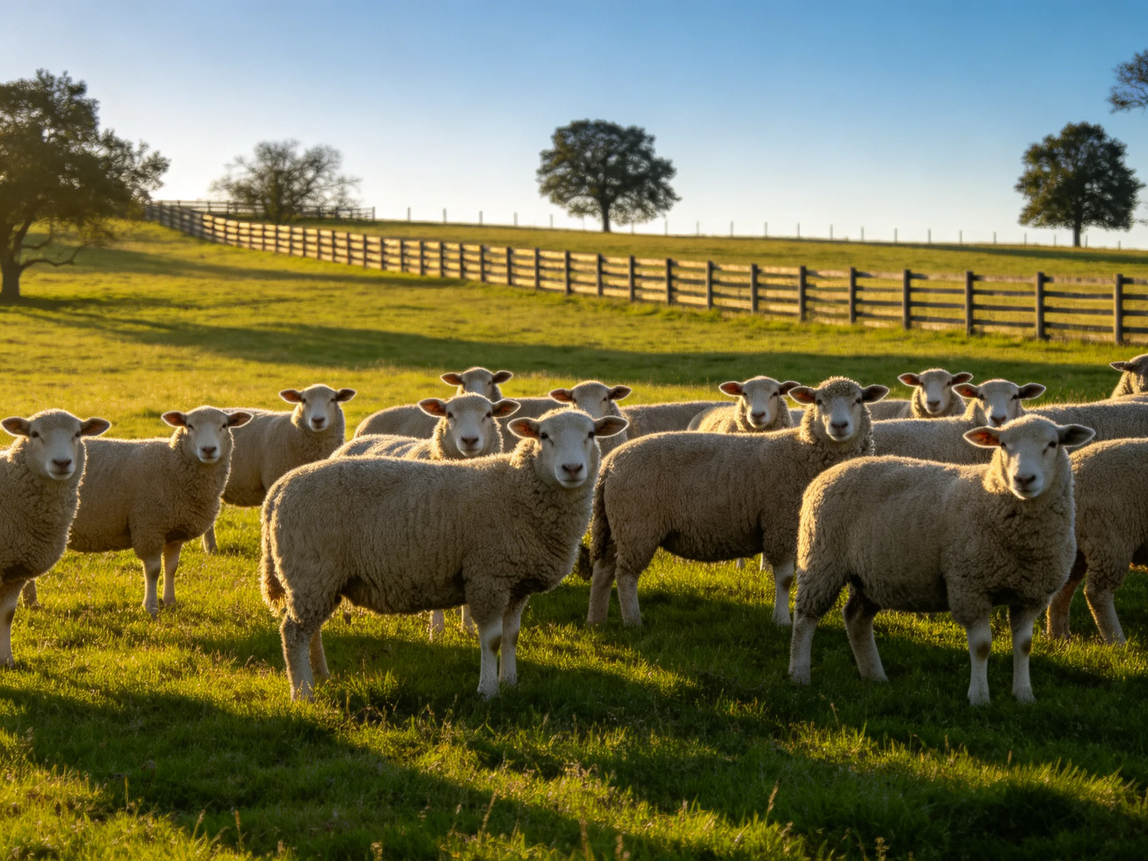A flock of woolly sheep in a sunlit green pasture with wooden fences